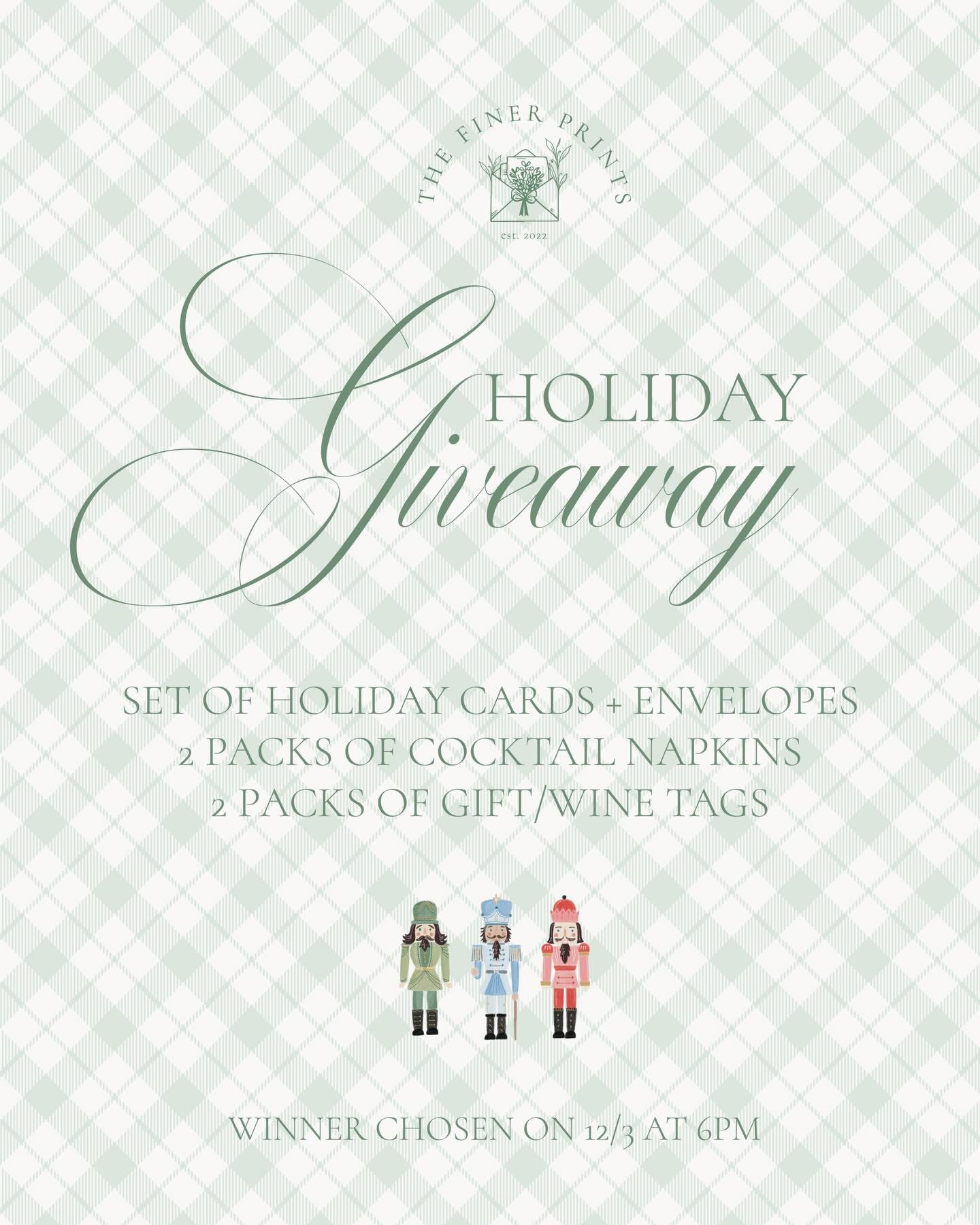 HOLIDAY GIVEAWAY!!! 🎄🎁 We&rsquo;re giving away a set of holiday cards + envelopes, cocktail napkins, and gift/wine tags! 

How to enter: 
1) Follow @thefinerprints
2) Like this post
3) Tag your friends! 
4) BONUS entry: Share to your story! 

Winne