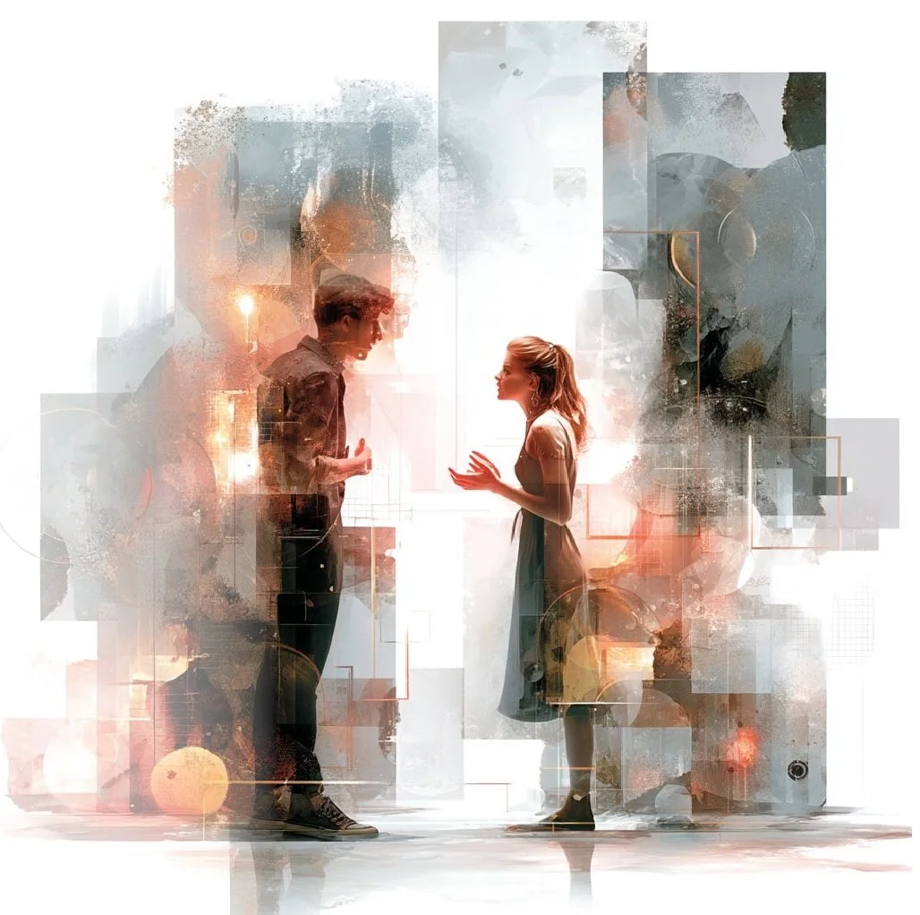 A man and a woman are facing each other, engaged in a conversation, with abstract and watercolor-like digital art elements surrounding them.