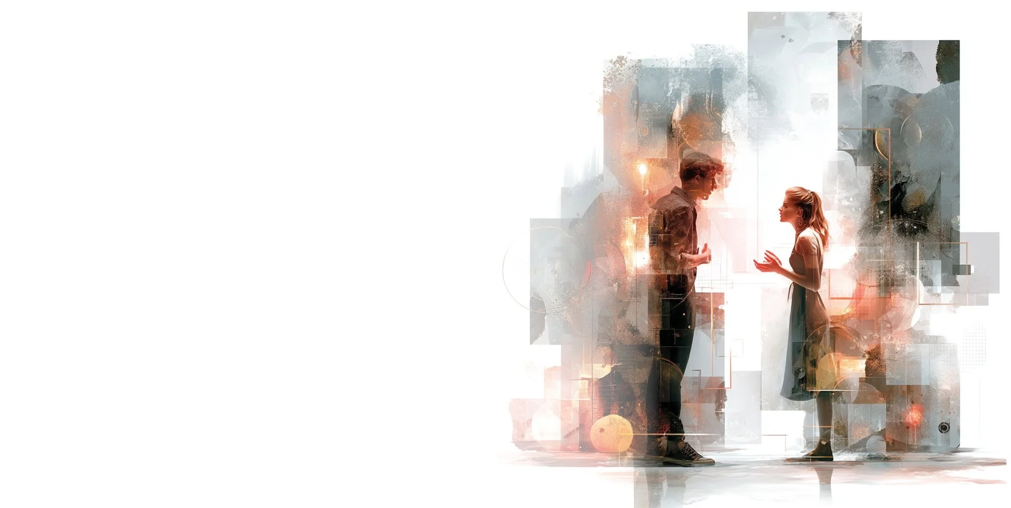 Digital artwork of a man and woman having a conversation, surrounded by abstract geometric shapes and textures.