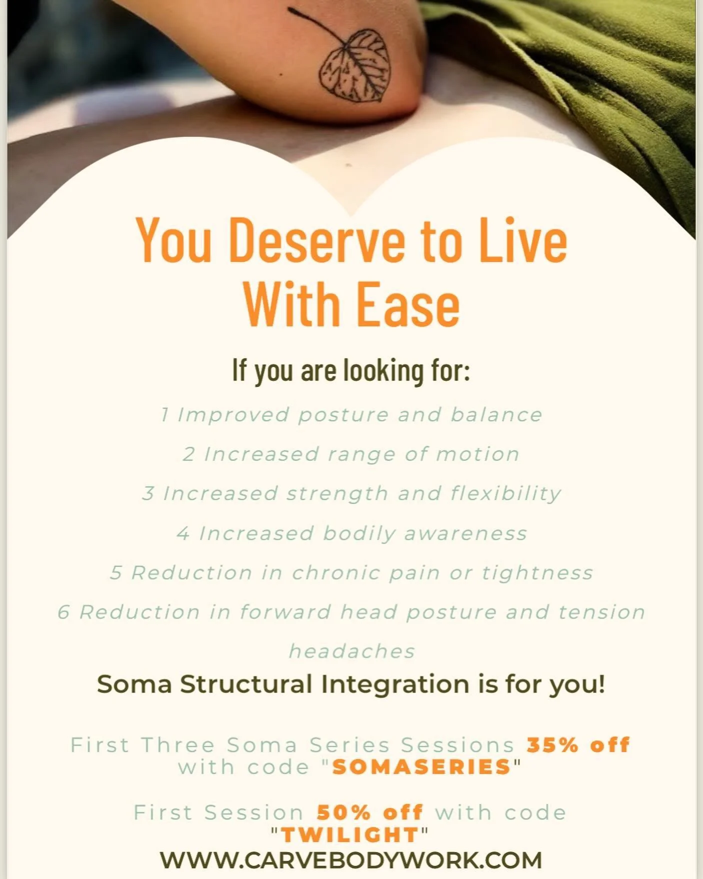 Check out these discount codes for your first bodywork session or series sessions! The summer is a perfect time to get your body back in alignment befor hitting the slopes come winter ⛷️😎 #bodywork #structuralintegration #massage #massagetherapy #he