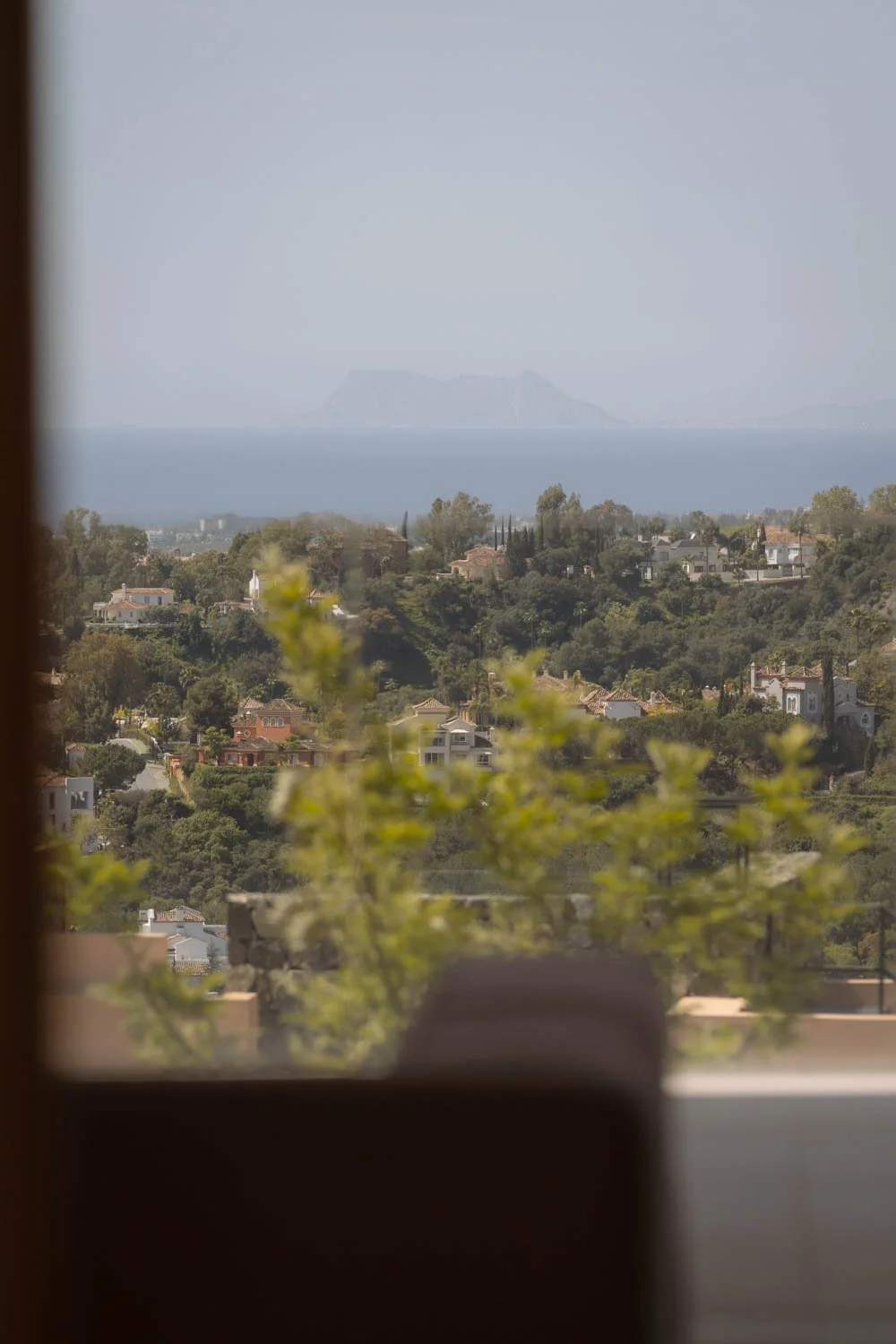 View of a suburban landscape with houses and trees, a distant mountain and a large island, possibly in California.