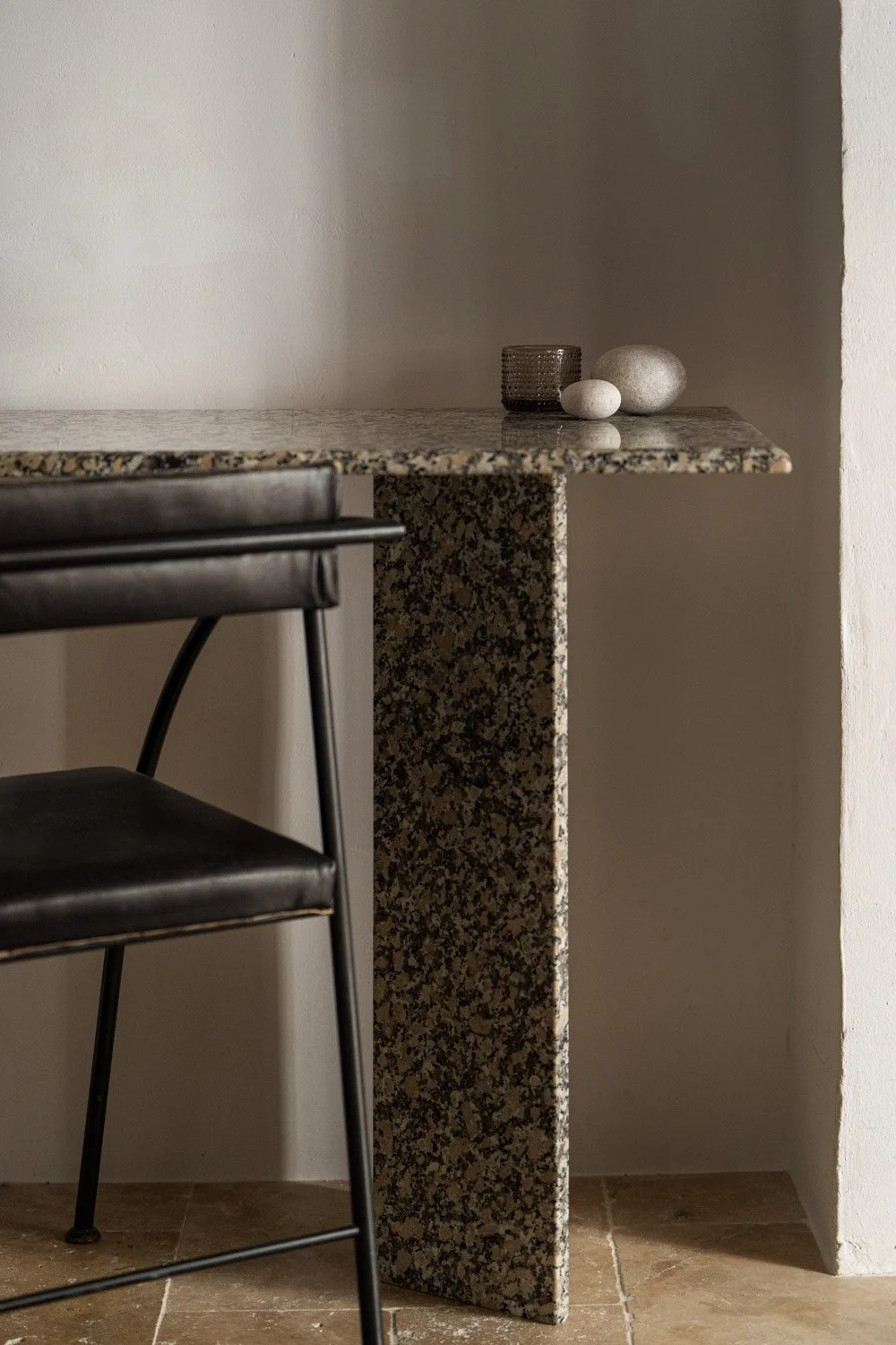 Custom marble desk and black leather chair