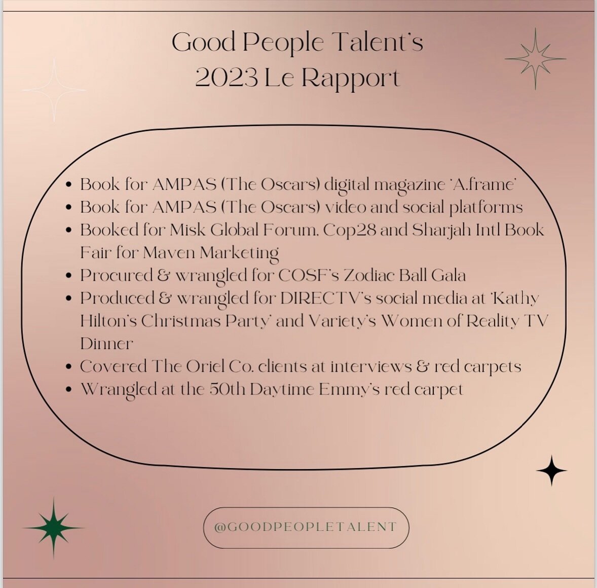 @goodpeopletalent started off with a bang in august of 2023. within two weeks we had 4 clients. here is our report card for the first 5 months of business. we cannot wait to work with you in 2024! ✨