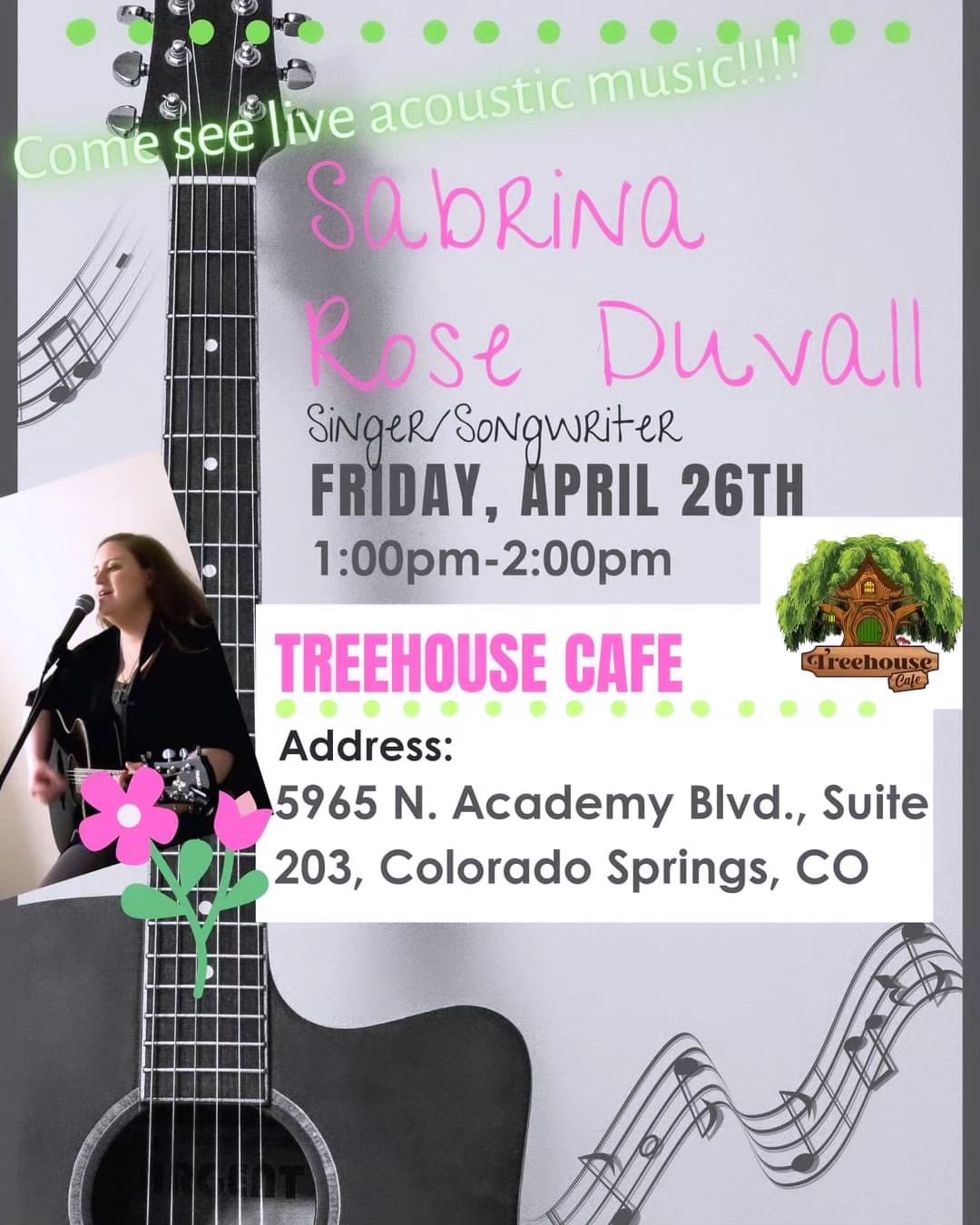 Live music with Sabrina Rose!
This will be a live acoustic performance at Treehouse Cafe from 1:00pm-2:00pm on April 26.
There's no admission fee for this event!
 https://facebook.com/events/s/sabrina-rose-duvall-treehouse-/3873779689614893/