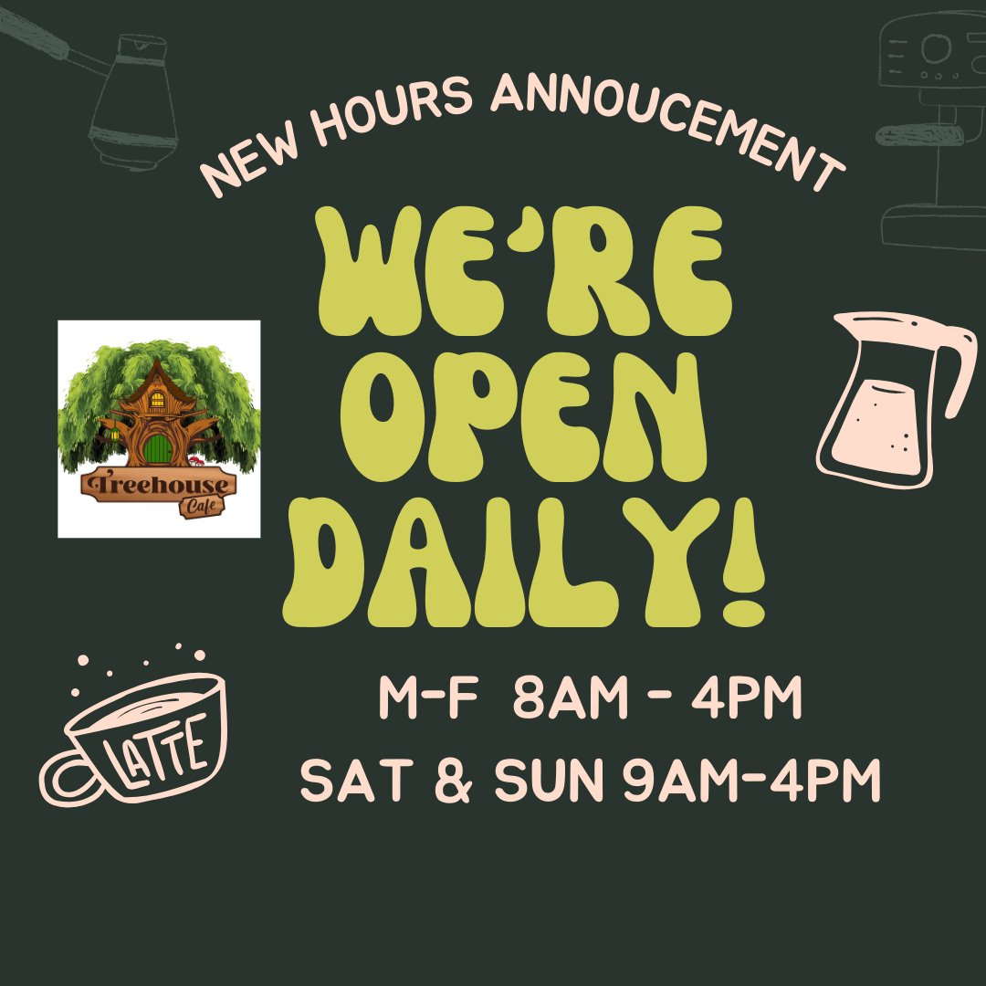 🌟 Welcome to Treehouse Cafe 🌟⁠
⁠
We&rsquo;re so excited to meet you! Whether you&rsquo;re here to grab your morning coffee, catch up with friends, or simply unwind in a cozy spot, our doors are open to everyone.⁠
⁠
☕ Hours:⁠
⁠
Monday&ndash;Friday: 