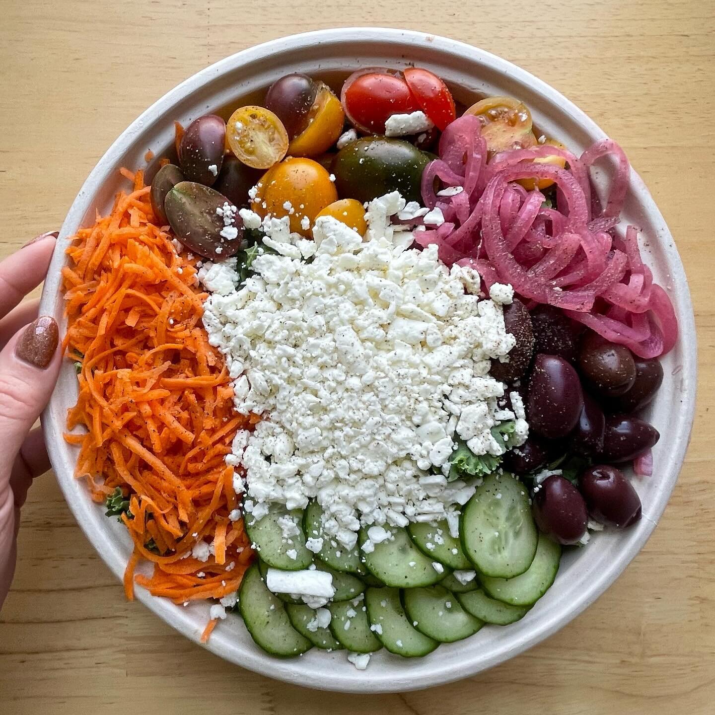 We&rsquo;ll be closed Weds 11/22 through Sun 11/26 for the holiday, so pop in and get your greens before then! 🌱

This is our Mykonos salad, topped with house-pickled shallots, imported feta cheese and olives, and local cherry tomatoes, cucumbers, a