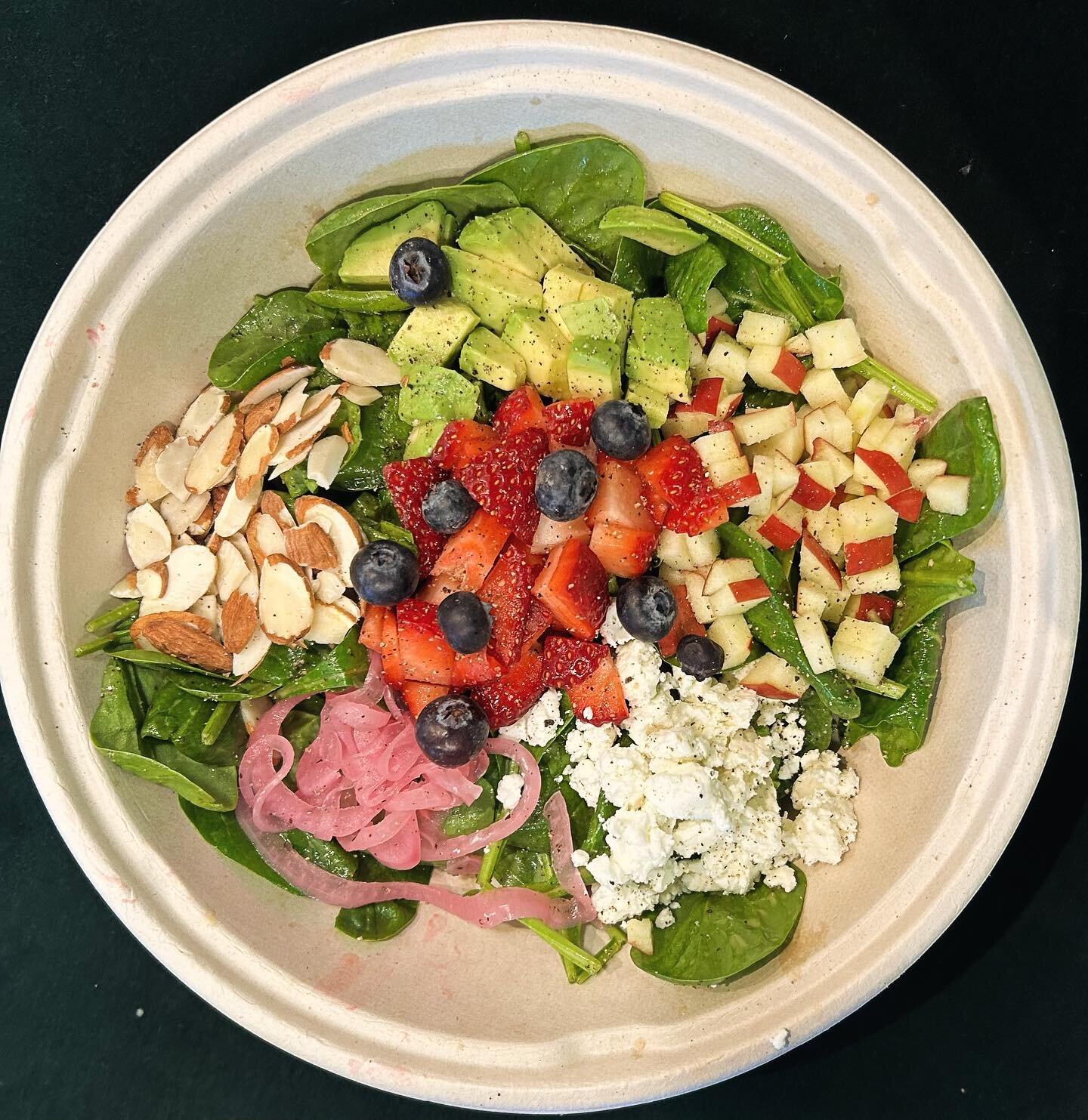 Summer-y weather calls for Summer-y food- come try our new salad special: homemade Palisade peach vinaigrette, organic spinach, goat cheese, avocado, strawberry, blueberry, chopped apple, sliced almonds, and pickled red onion.