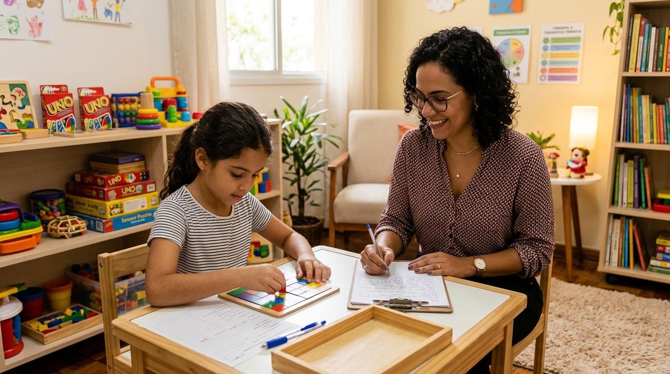 Psychologist administering a learning disability evaluation with a school-age child in a welcoming, child-friendly room.