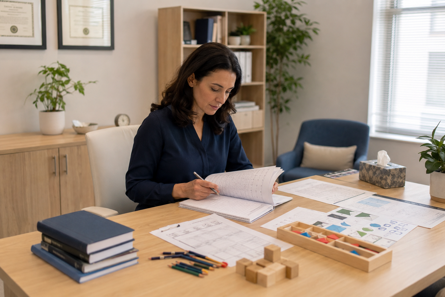 Psychologist reviewing evaluation notes and assessment materials at a desk in a clinical office.