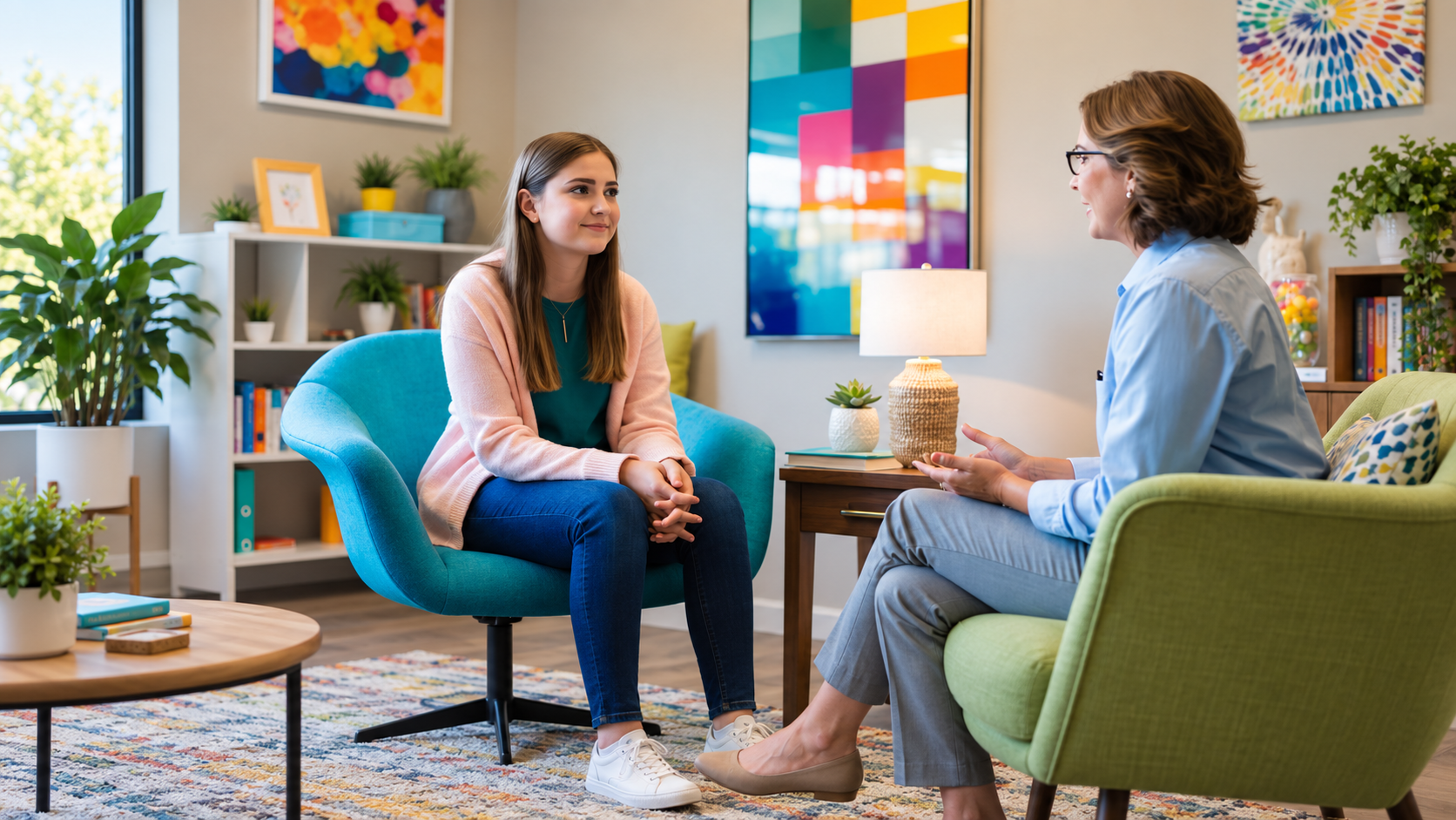 Teenager speaking with a therapist in a bright, welcoming therapy office.