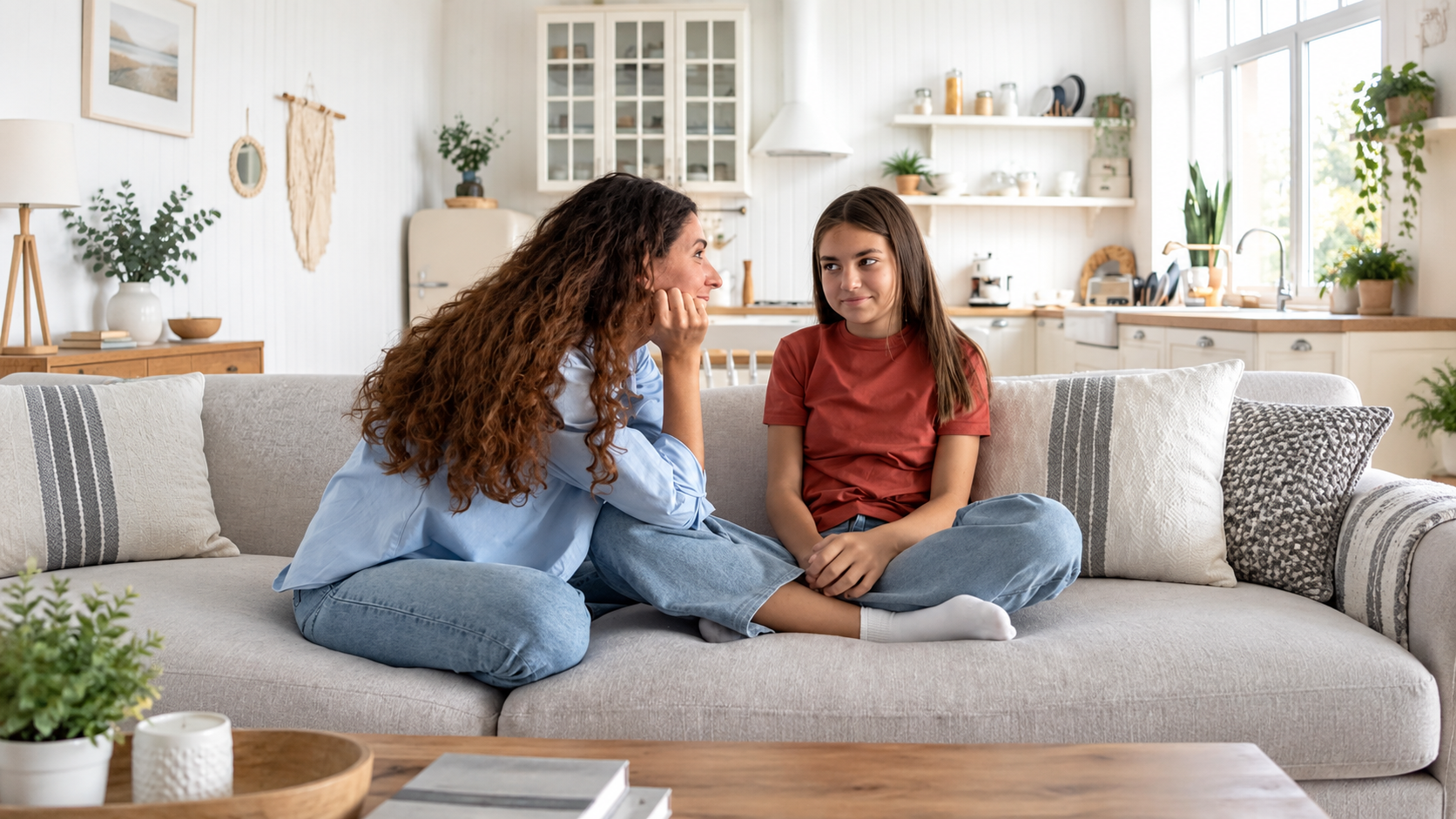 Mother listening attentively to her teenage daughter during a supportive conversation at home.