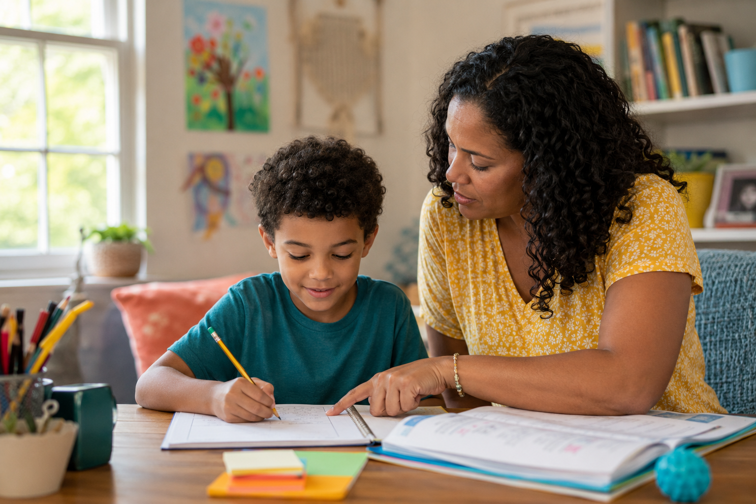 Parent helping a young child complete schoolwork at a table in a warm, colorful home.
