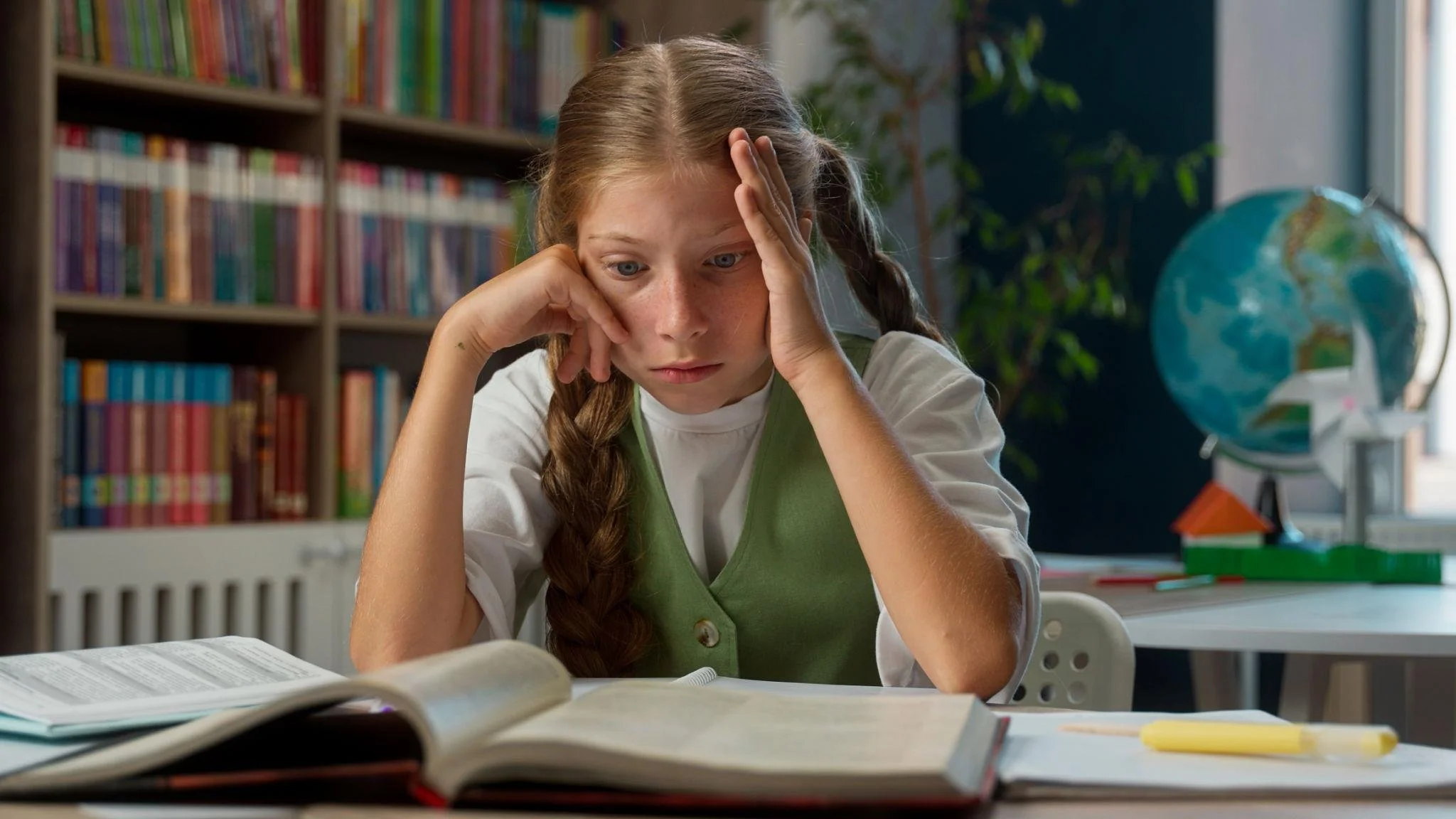 Anxious young student sitting at a desk with open schoolbooks in a classroom