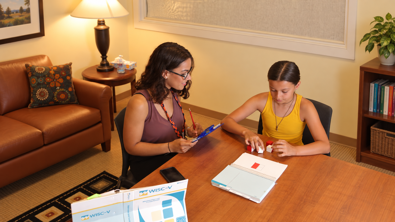 Psychologist observing a child complete assessment activities as part of dysgraphia testing.