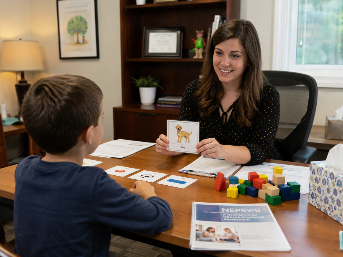 Psychologist guides a child through autism testing with picture cards and colorful blocks.