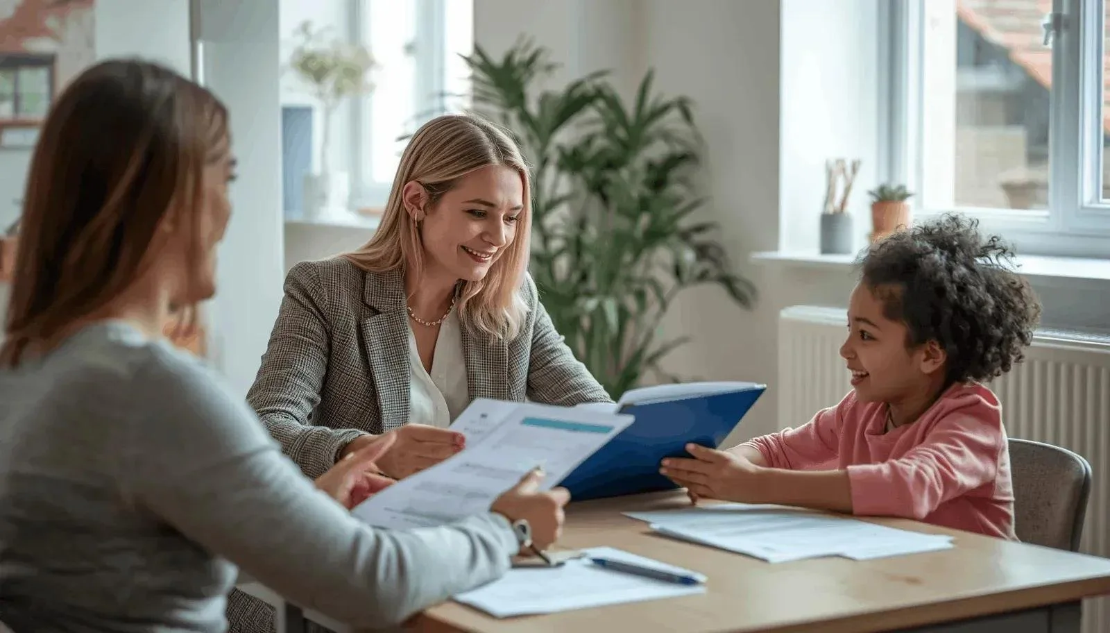 Child reviewing learning disability evaluation results with a psychologist and parent in a bright office.