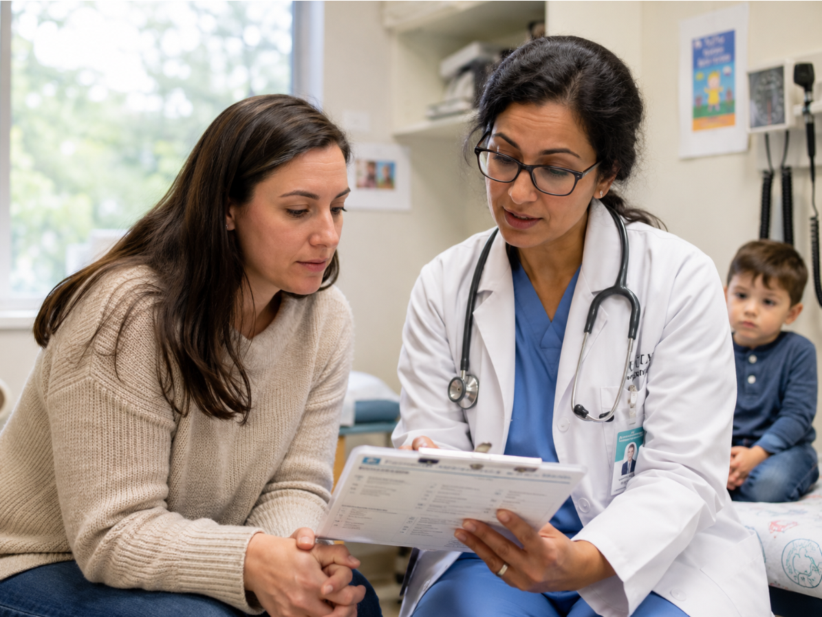Doctor reviews a child’s autism screening results with a parent during an office visit.