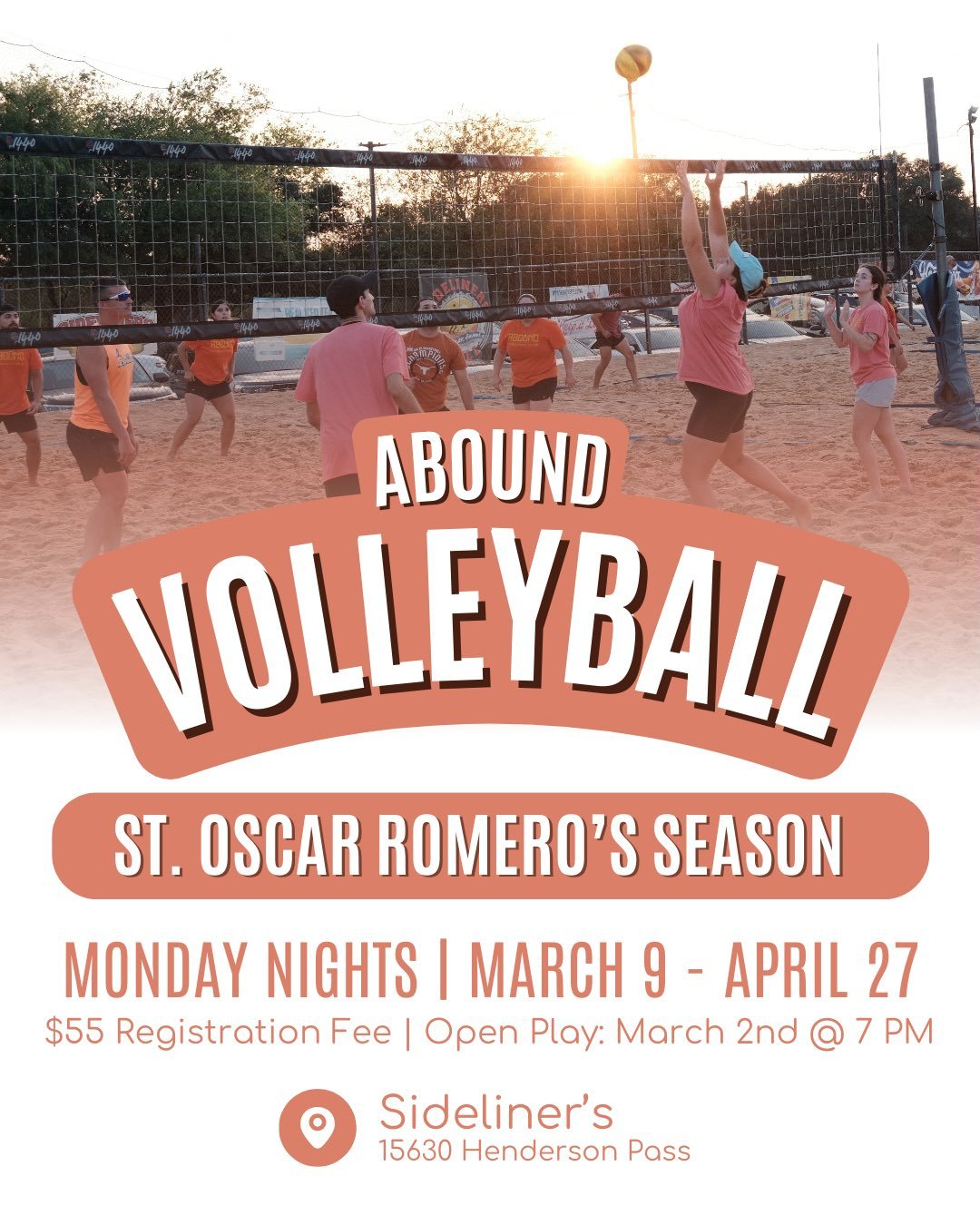 Volleyball nights are almost back! Registration closes MONDAY, FEBRUARY 9th!

St. Oscar Romero&rsquo;s Season:
🗓️ Season March 9 - April 27
📍 Sideliner&rsquo;s (15630 Henderson Pass)

Sign up on our website or message us for more details!

🏐