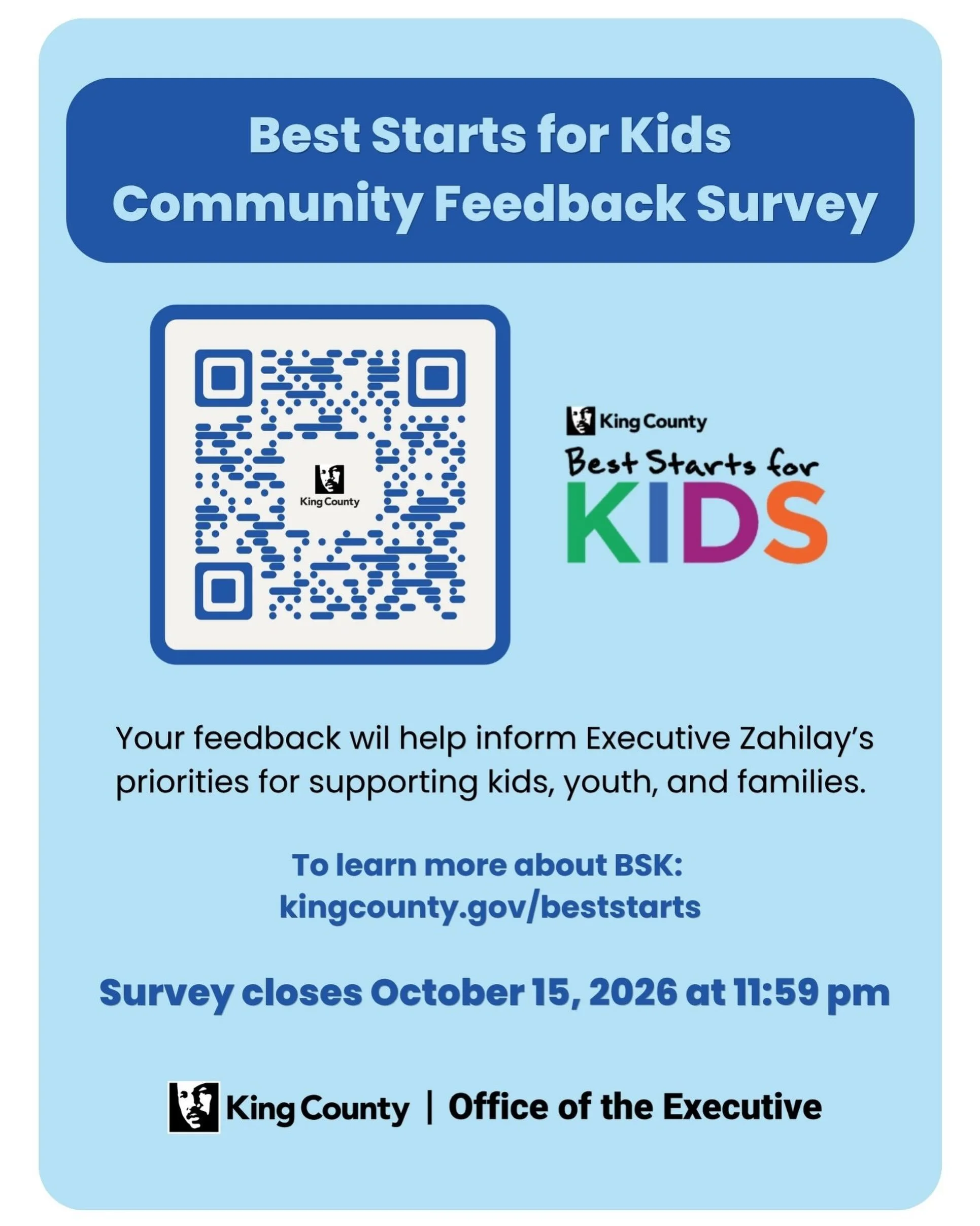 📢 King County wants to hear from YOU!

Your voice matters in shaping the future of investments in our children, youth, and families!

King County Executive @girmay is inviting community members to participate in the Best Starts for Kids Community Fe
