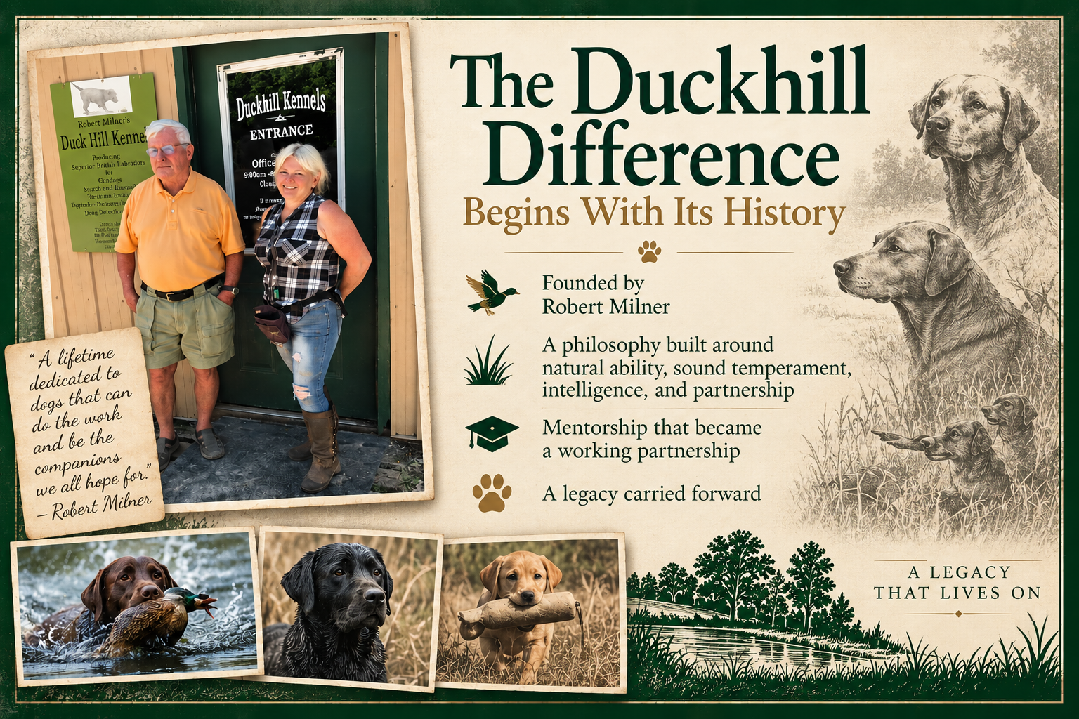 Duckhill Kennels history featuring founder Robert Milner and Mauri Jourdan and the continuation of the Duckhill Labrador breeding and training legacy.