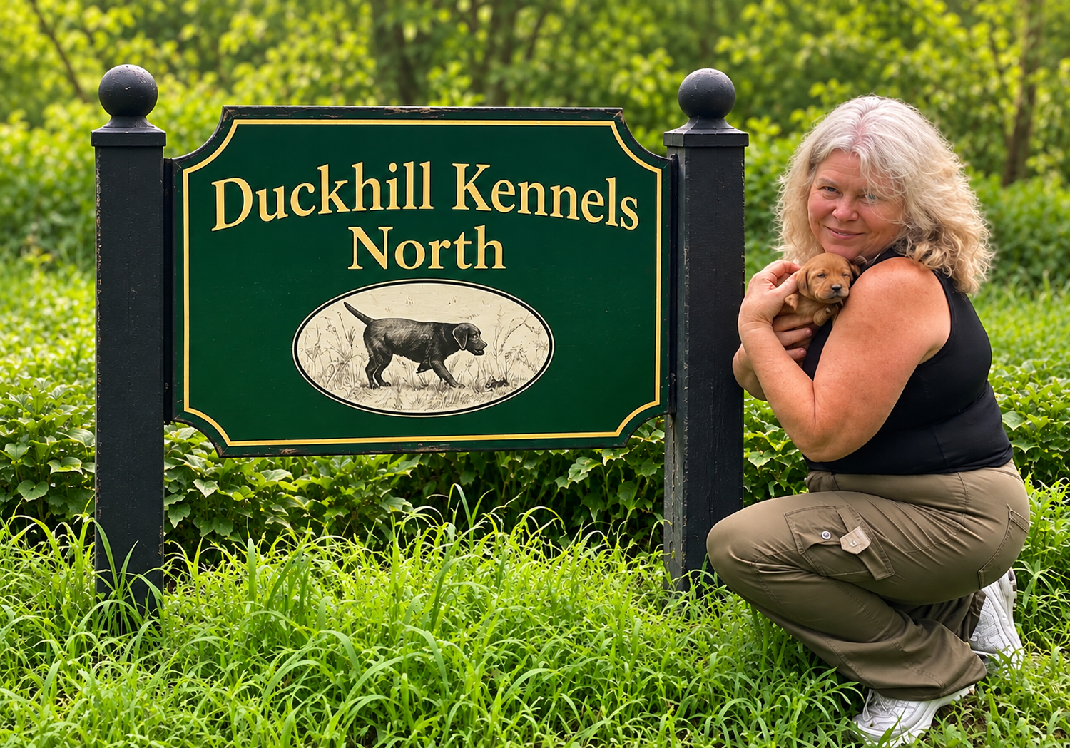 Mauri Jourdan with a Labrador puppy beside the Duckhill Kennels North sign in Battleview, North Dakota.