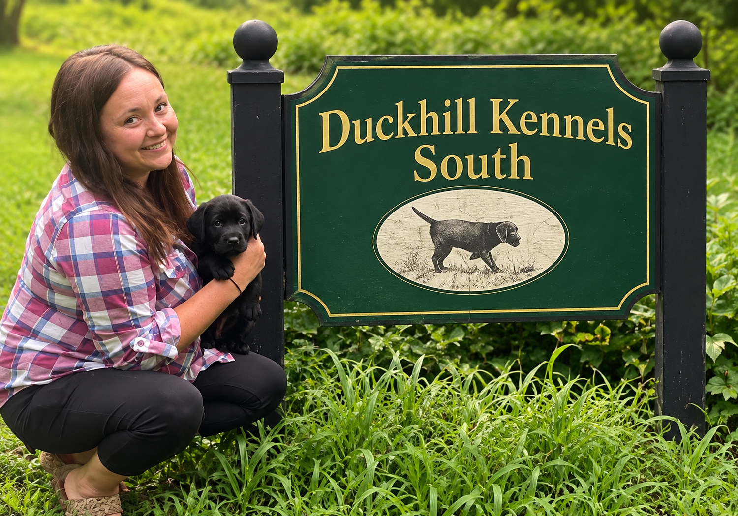 Heather Hodges with a black Labrador puppy beside the Duckhill Kennels South sign in Tennessee.