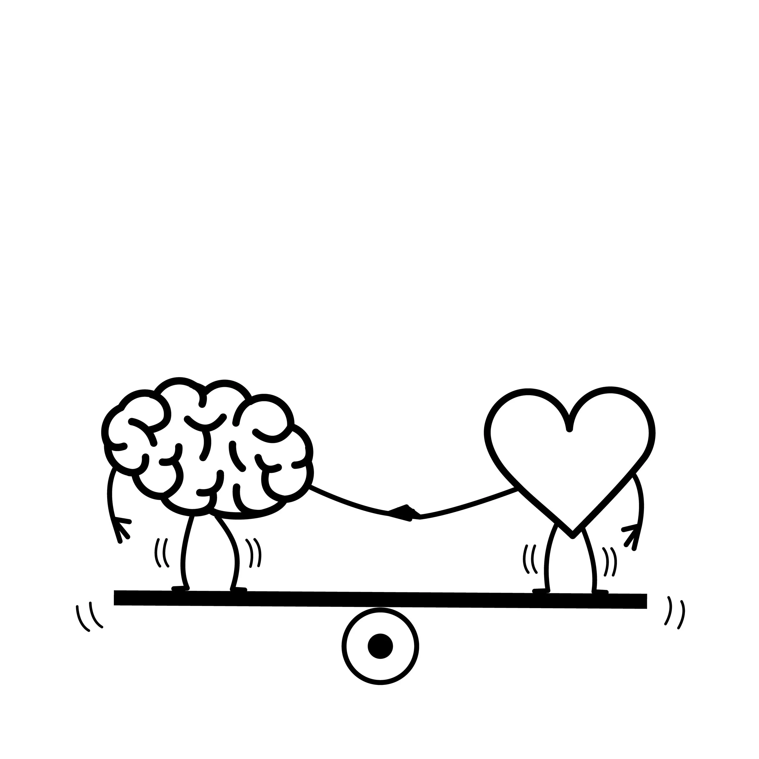 Drawing of a brain and a heart holding hands on a seesaw, symbolizing balance or connection between emotion and intellect.