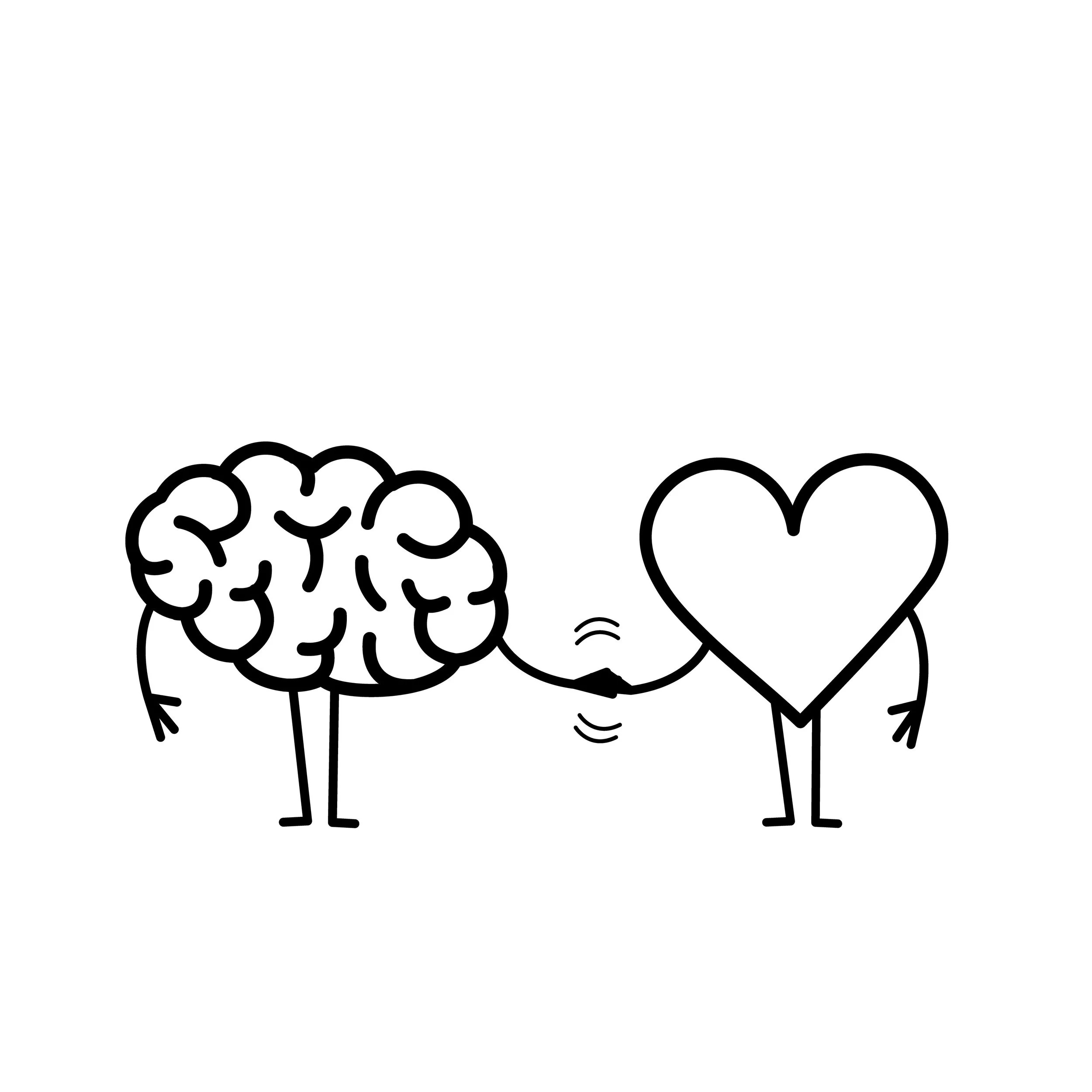 Black and white line drawing of a brain and a heart holding hands