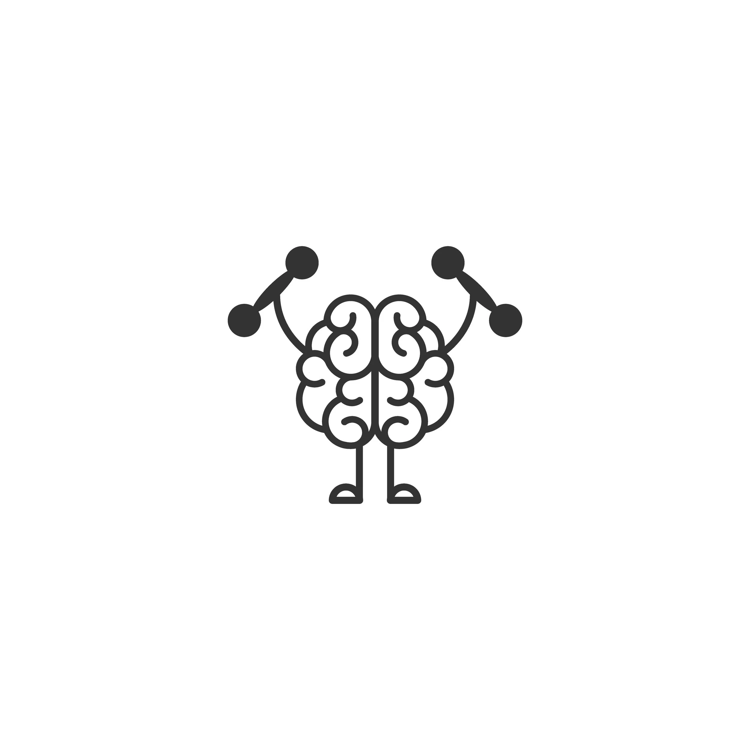 Icon of a brain with arms lifting dumbbells, depicted as a muscular brain for a fitness or mental strength theme.