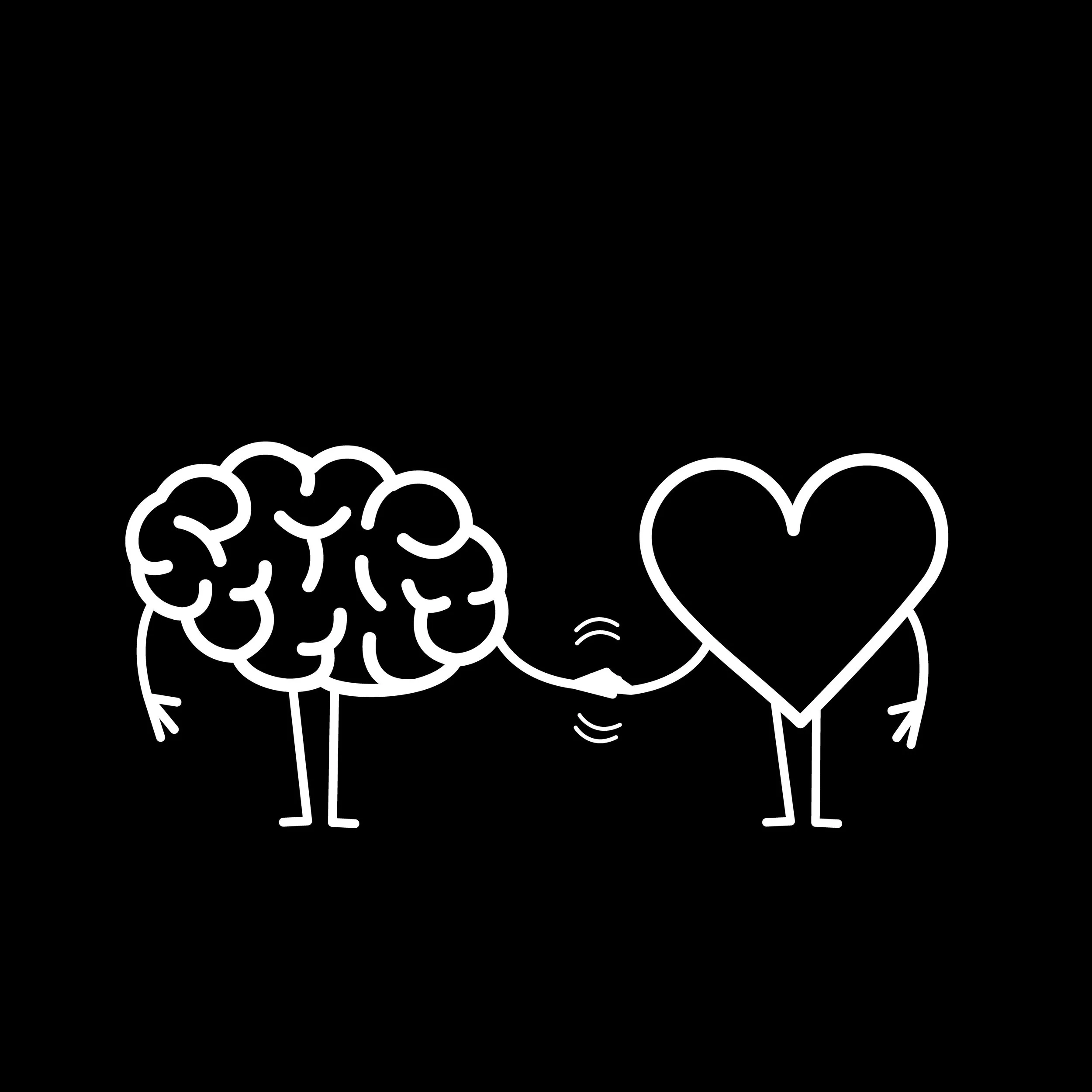 Line drawing of a brain and a heart holding hands
