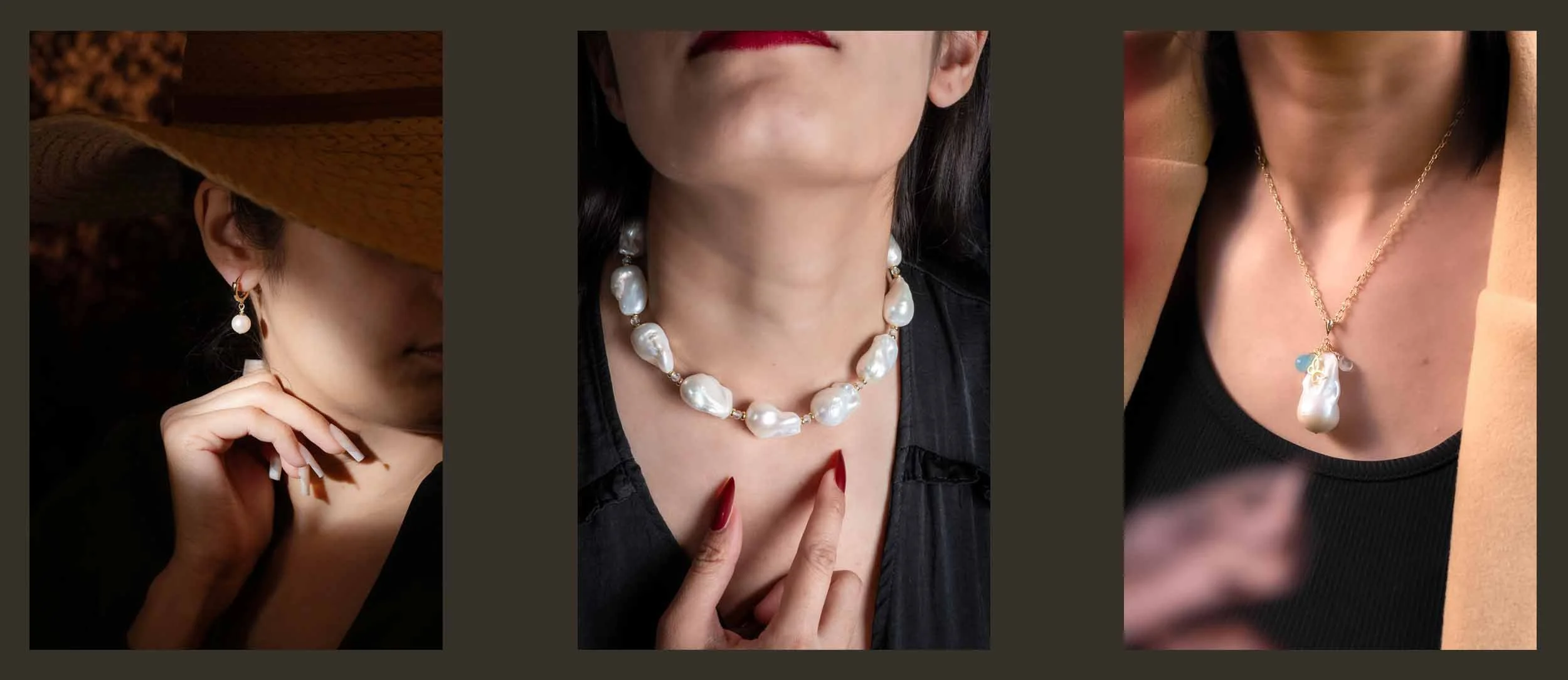 Sarum Rocks handmade pearl jewellery — pearl drop earrings, irregular Keshi pearl necklace, and pearl pendant necklace styled for everyday wear