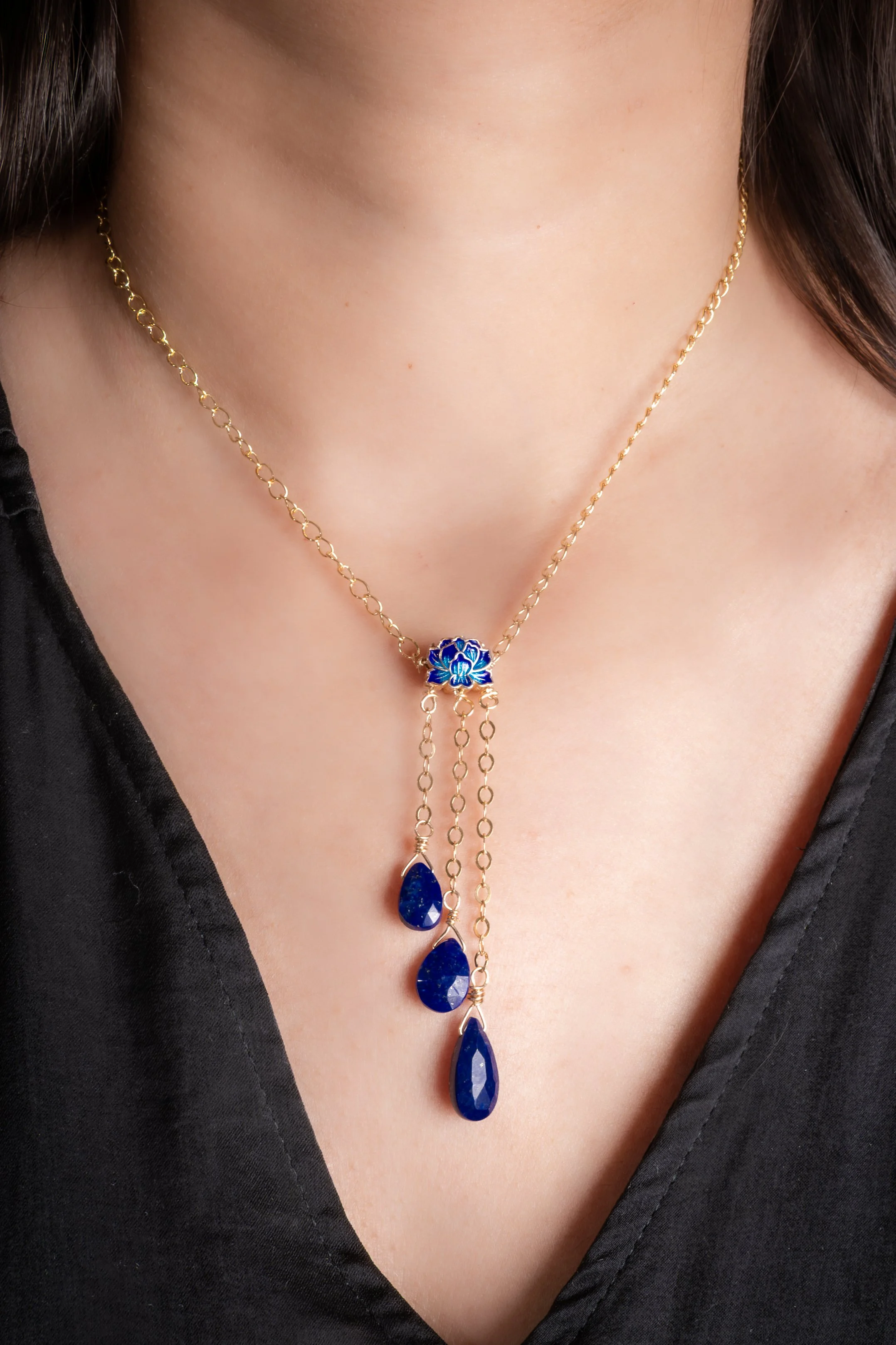 Enamelled Lotus Flower Pendant with blue Lapis Beads