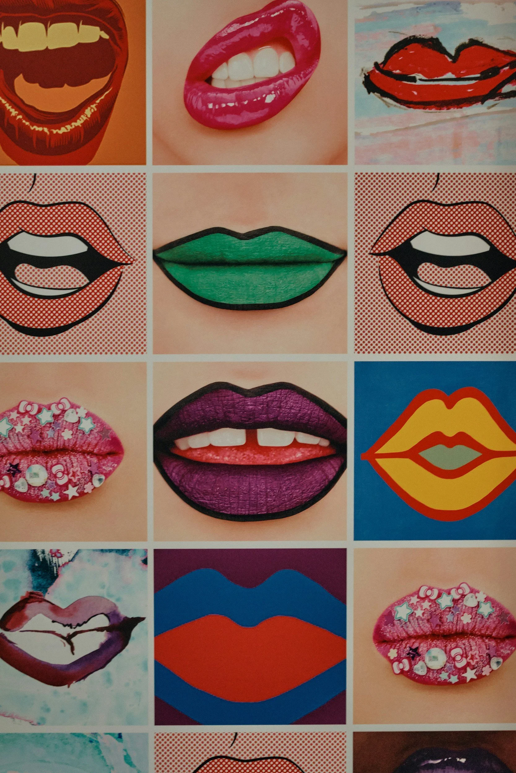 A collage of various lips, some real and some cartoon-style. The lips are depicted in different colors and styles, including bold, bright, and glittery designs.