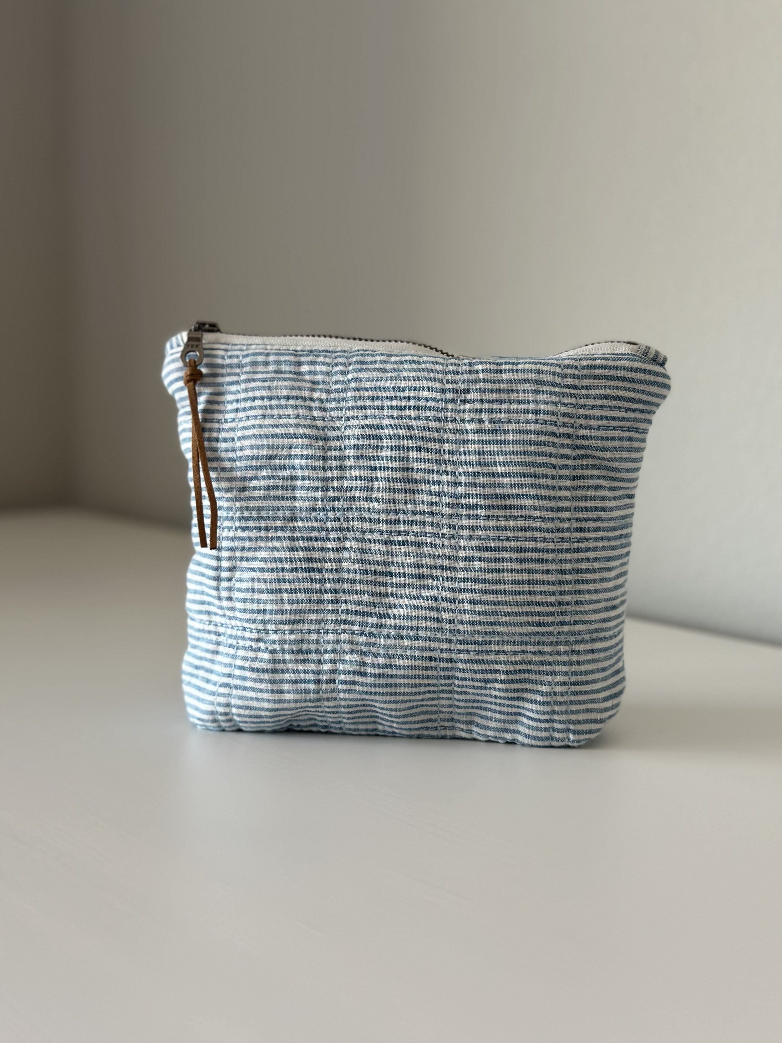 Dusty Blue Striped Quilted Linen Zipper Bag - Small