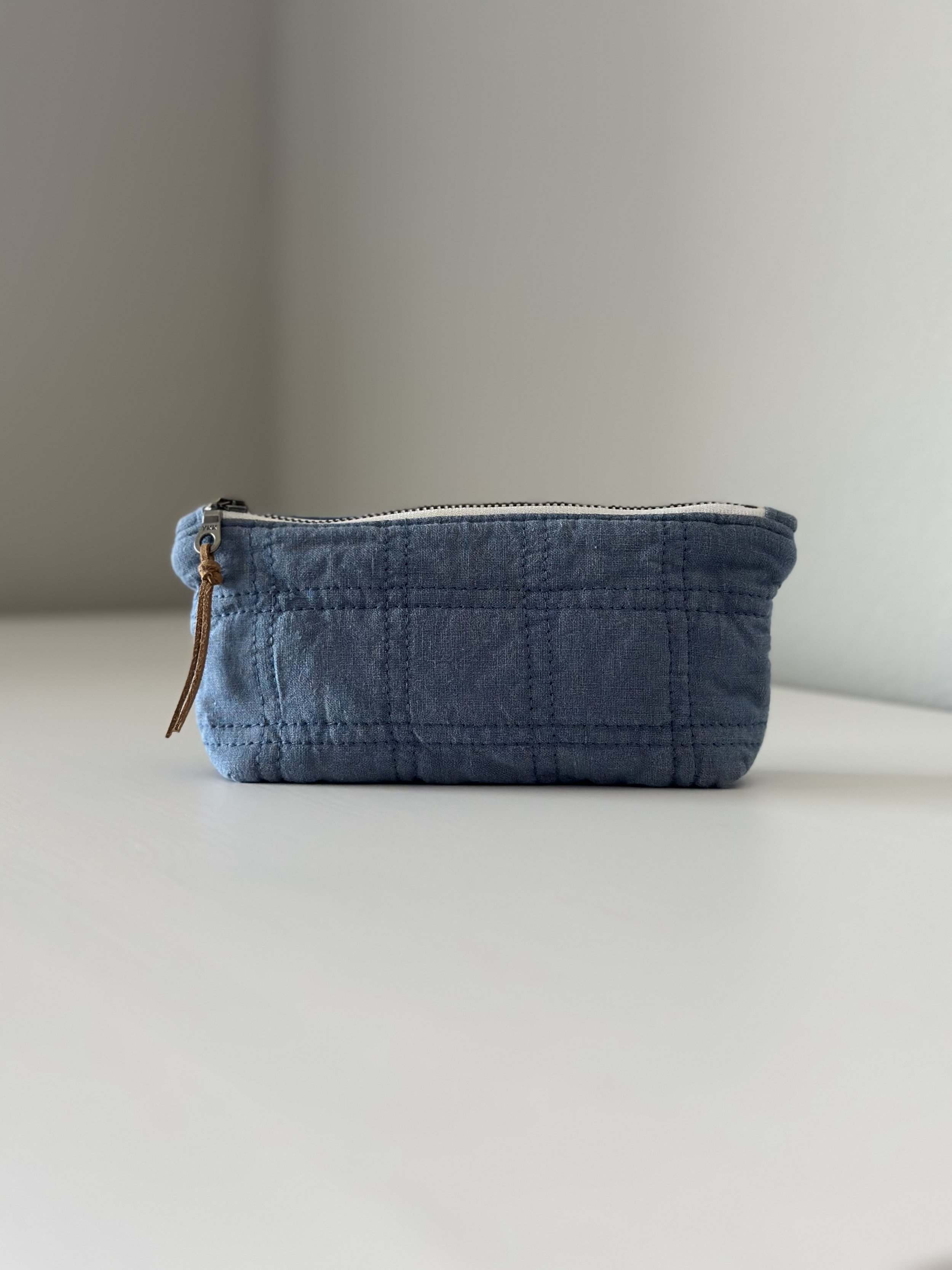 Dusty Blue Quilted Linen Zipper Pouch