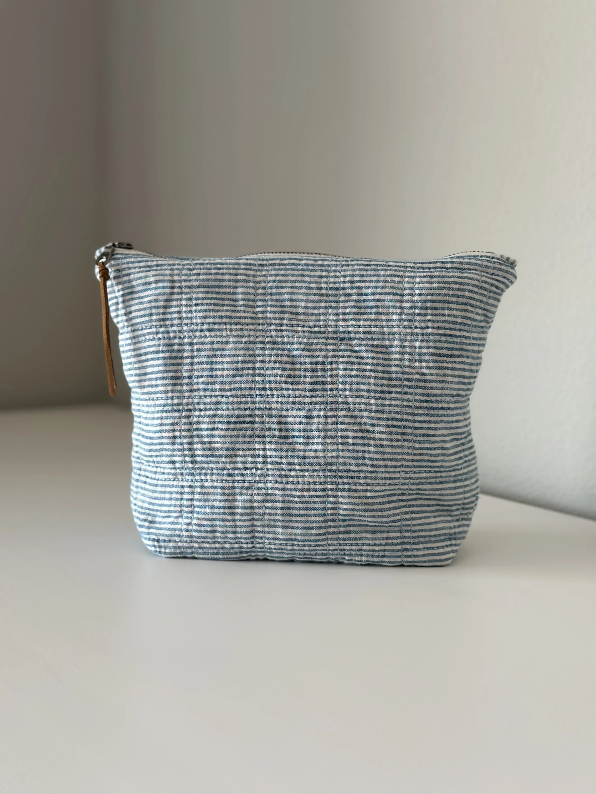 Dusty Blue Striped Quilted Linen Zipper Bag - Large