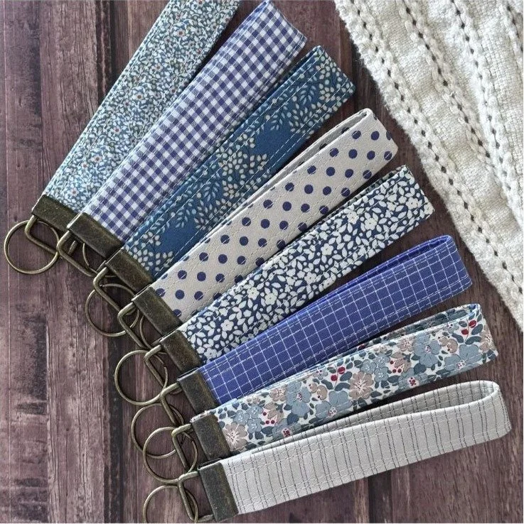 Summer Blues wristlet key fobs in blue floral and gingham fabrics