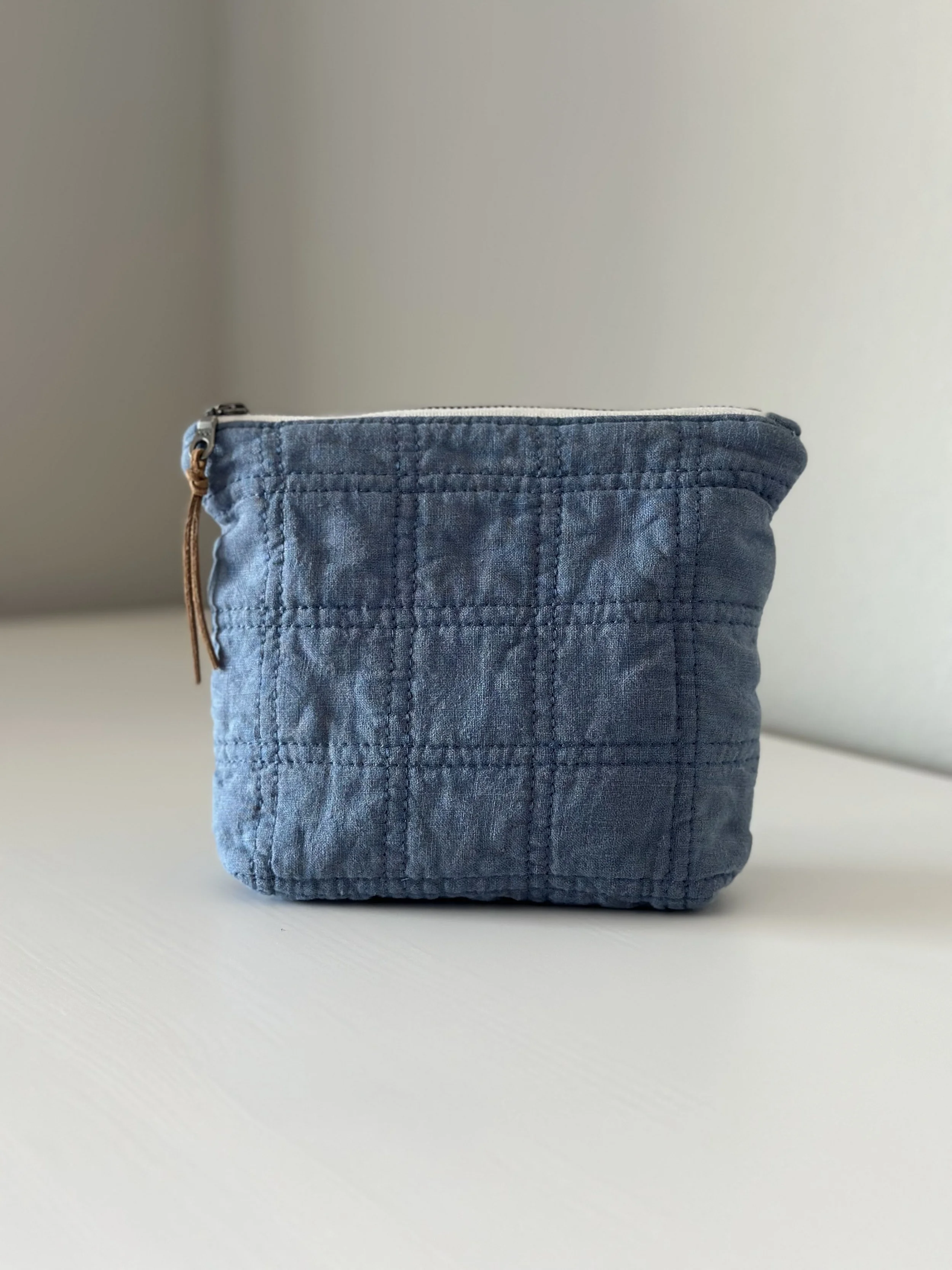 Dusty Blue Quilted Linen Zipper Bag - Small