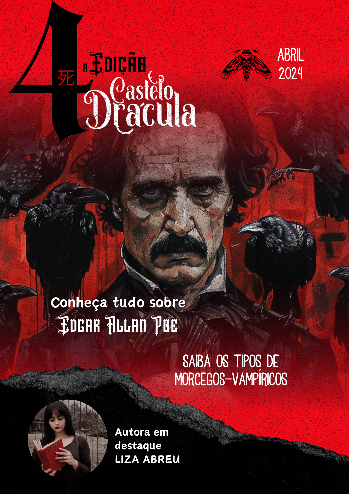 Capa de revista "Castelo Dracula" de abril de 2024, com ilustração de Edgar Allan Poe cercado por corvos. Texto: "4ª Edição", "Conheça tudo sobre Edgar Allan Poe", "Saiba os tipos de morcegos-vampíricos", "Autora em destaque: Liza Abreu".