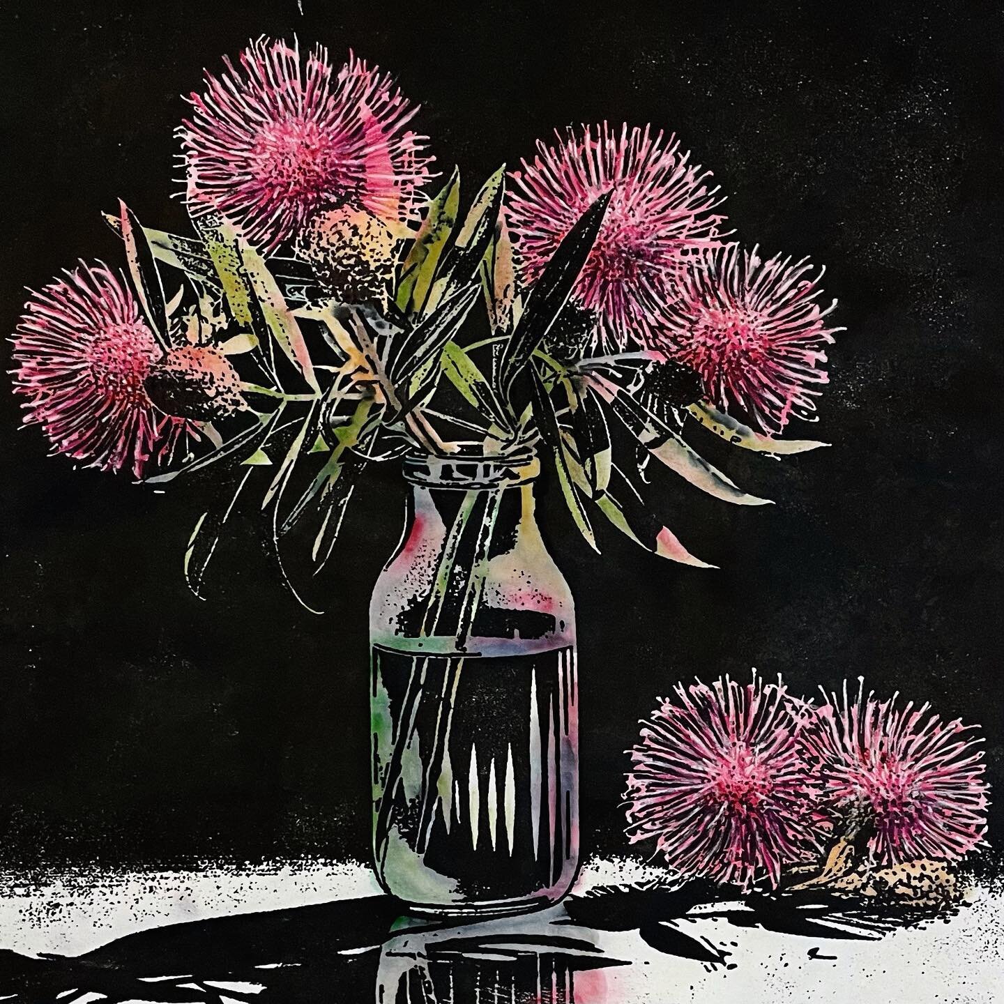 And the first coloured version! It didn&rsquo;t work out quite like I imagined, but I still like it. Watercolour and pastel on woodblock print. Hit me up with naming suggestions, to save me calling it &ldquo;Kunzea in Glass&rdquo;
.
#kunzea #woodbloc