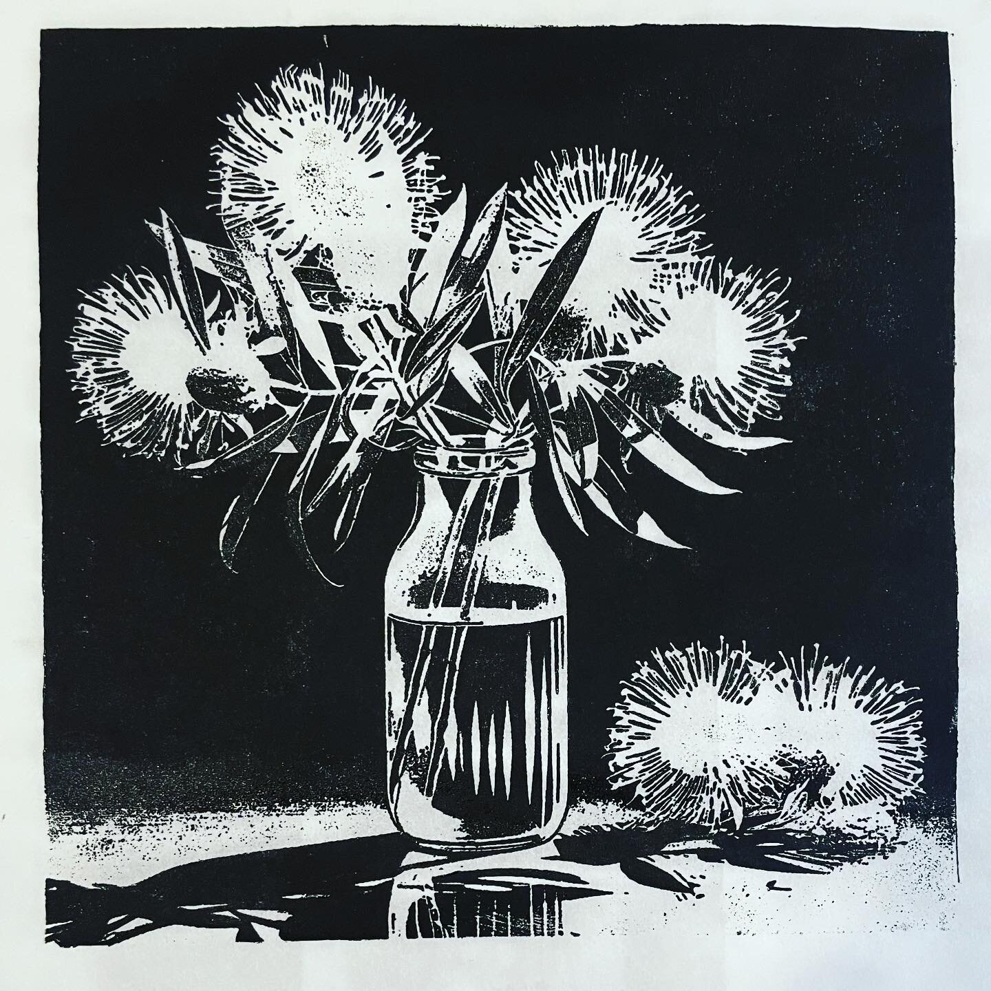 Check out my woodblock print! Little fluffy balls of native Kunzea in a glass. Yep, the woodblock is super detailed. I&rsquo;m getting a few of these ready, and playing with different ways to print them. 
This is plain old block print ink, and I&rsqu