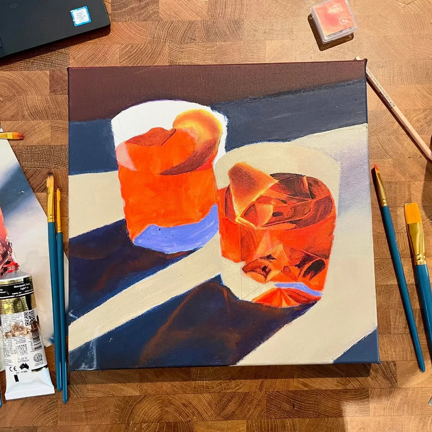 Progress! What I love most about piece is the light. I&rsquo;ve started blocking in how it shines through the liquid (can you guess what it is?) by layering in the lowlights (aka the dark bits). One I&rsquo;ve got that down, I&rsquo;ve got plenty of 