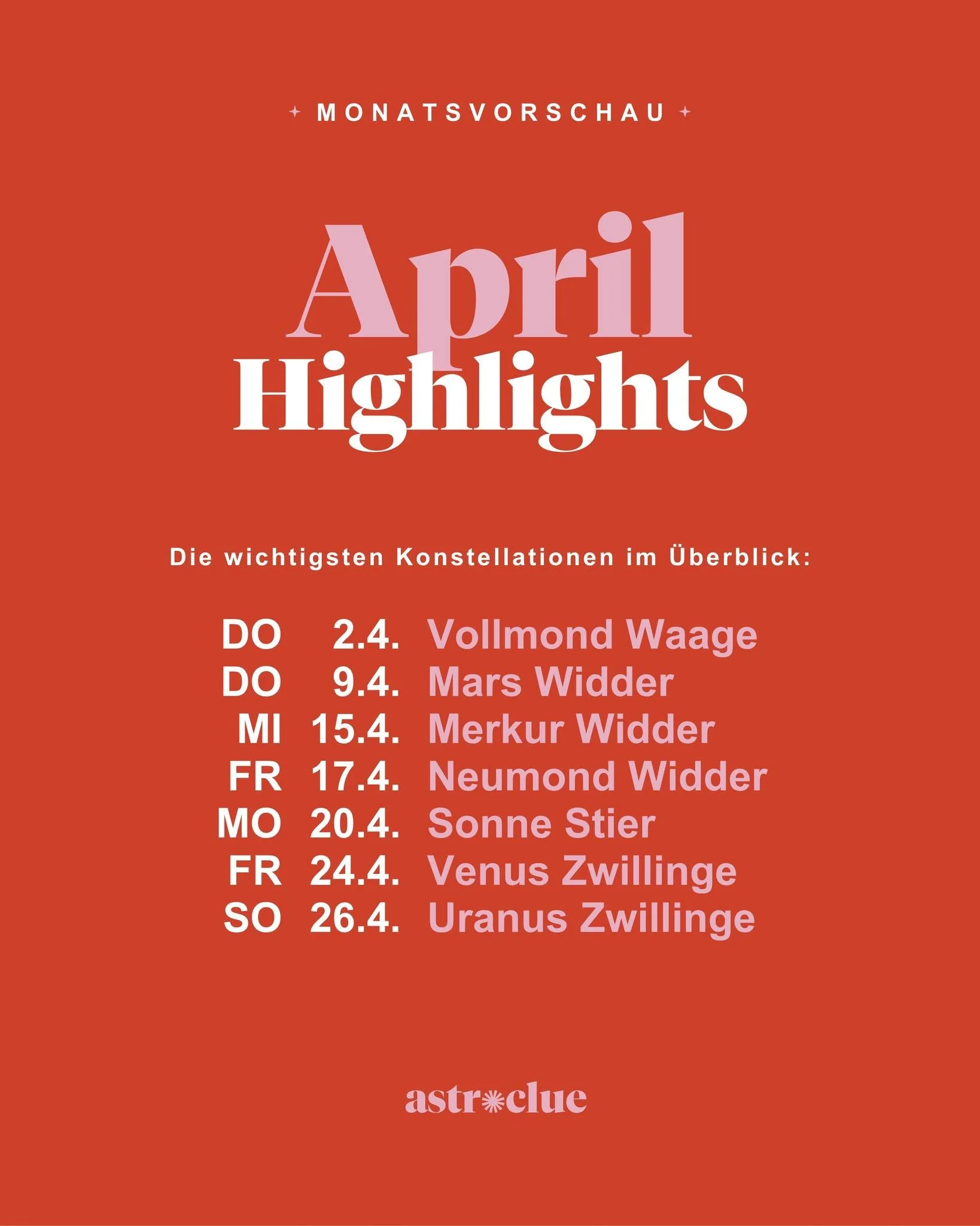 Astrologische April-Highlights:

Hier die wichtigsten Konstellationen im &Uuml;berblick:
🌕 2.4. Vollmond in der Waage &ndash; Beziehungen, Balance &amp; Klarheit
🔥 9.4. Mars in Widder &ndash; Tatkraft, Motivation, Action
💬 15.4. Merkur in Widder &