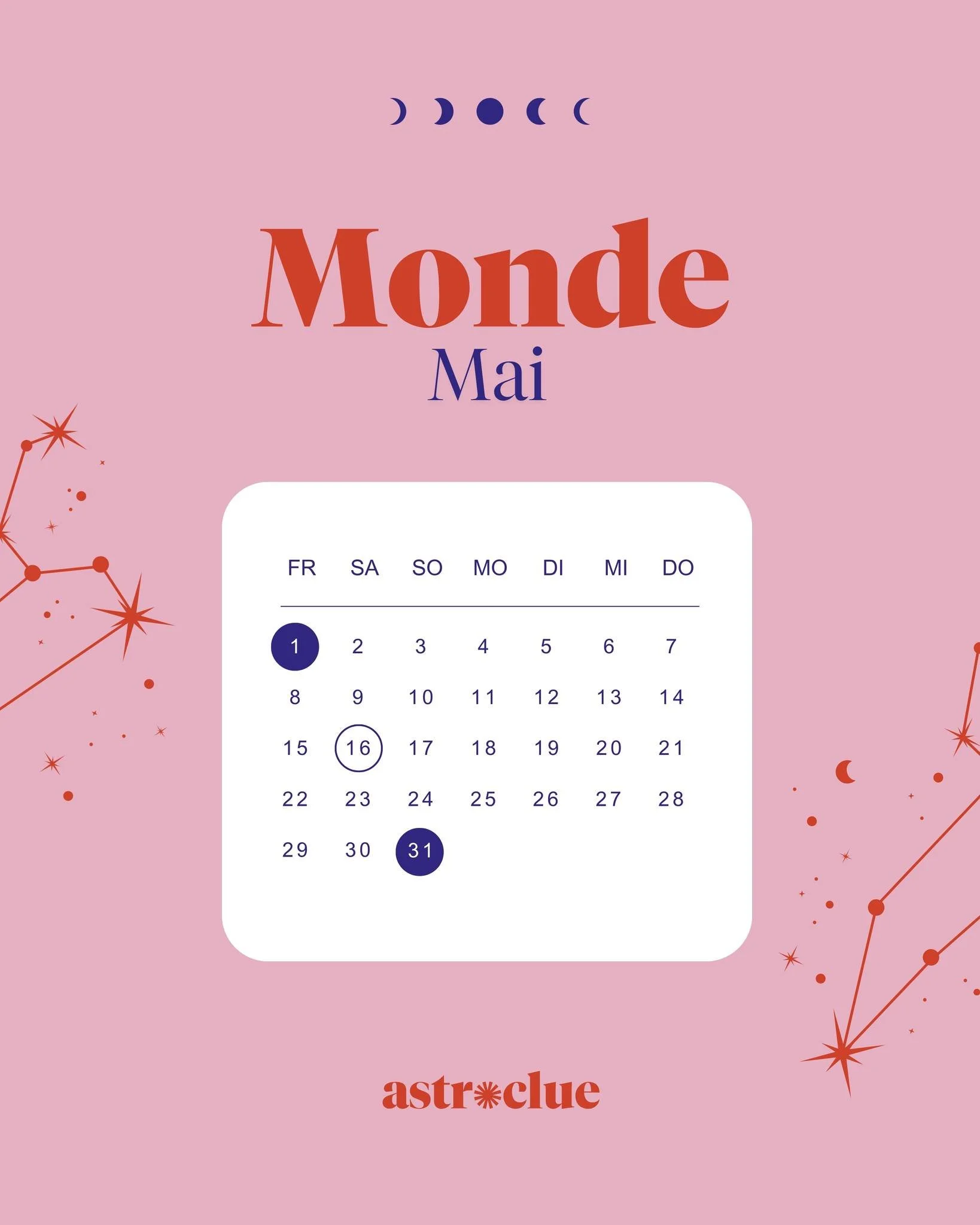 Monde im Mai 🌙
Ein Monat voller Intensit&auml;t &ndash; denn im Mai begleiten uns gleich 2 Vollmonde.

Der Vollmond im Skorpion am 01.05. bringt tiefe Gef&uuml;hle an die Oberfl&auml;che. Er zeigt dir, was du loslassen darfst &ndash; alte Muster, Ko
