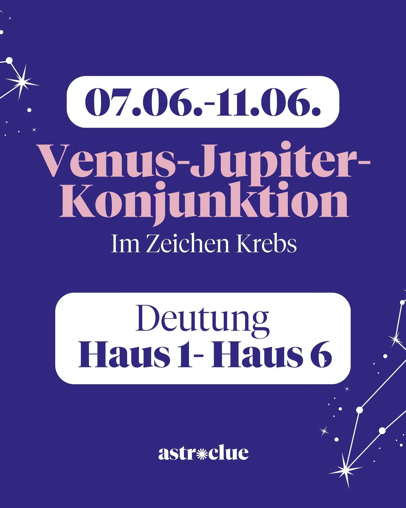 VENUS TRIFFT JUPITER IM KREBS - Deutung in den H&auml;usern 1-6 (Teil 1)

Am 09.06. um 21:59 Uhr ist es so weit: Venus und Jupiter begegnen sich exakt auf 25&deg; Krebs &ndash; eine der warmherzigsten und bedeutungsvollsten Konstellationen des Jahres