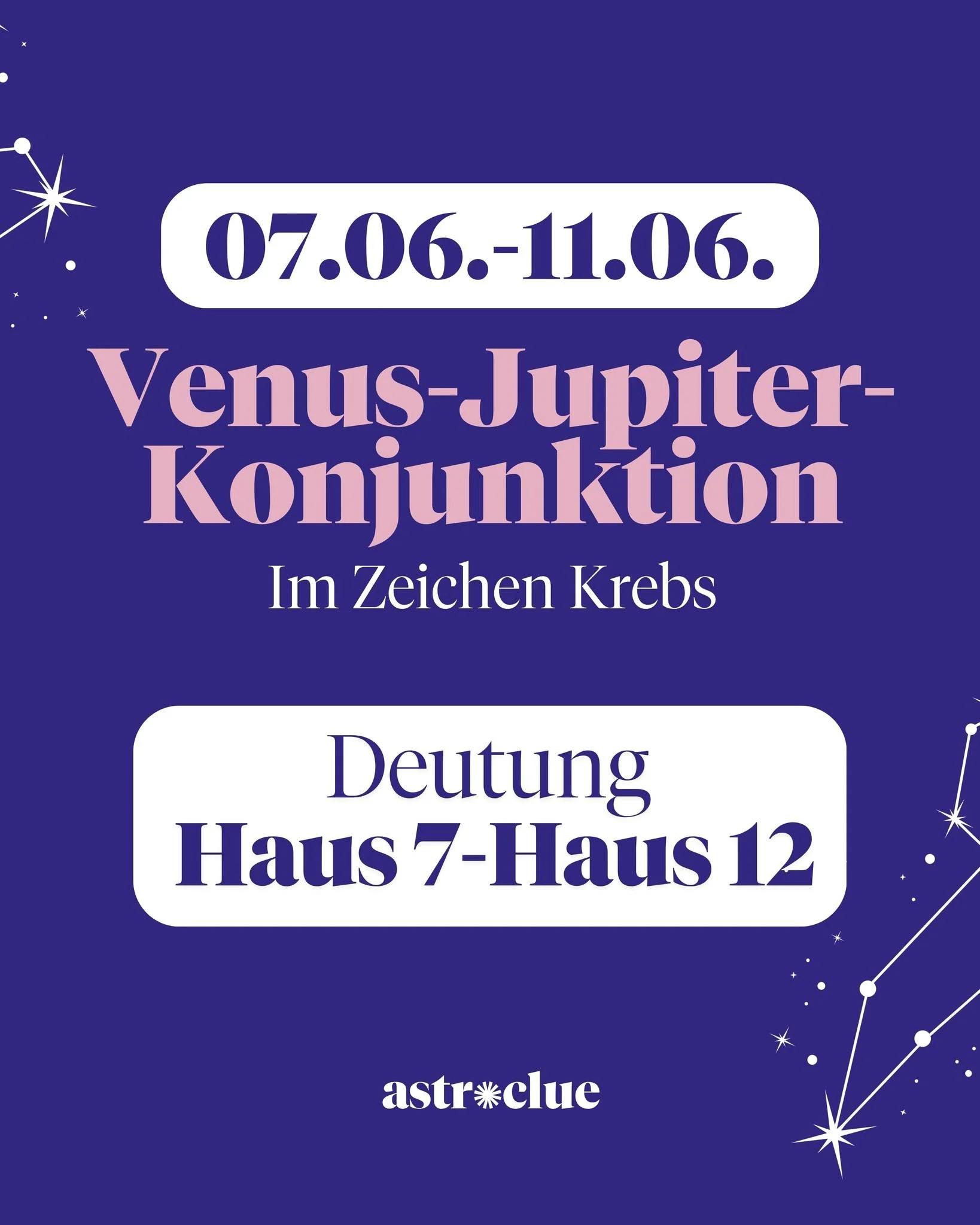 VENUS TRIFFT JUPITER IM KREBS - Deutung in den H&auml;usern 7-12 (Teil 2)

Am 09.06. um 21:59 Uhr war es so weit: Venus und Jupiter begegnenten sich exakt auf 25&deg; Krebs &ndash; eine der warmherzigsten und bedeutungsvollsten Konstellationen des Ja
