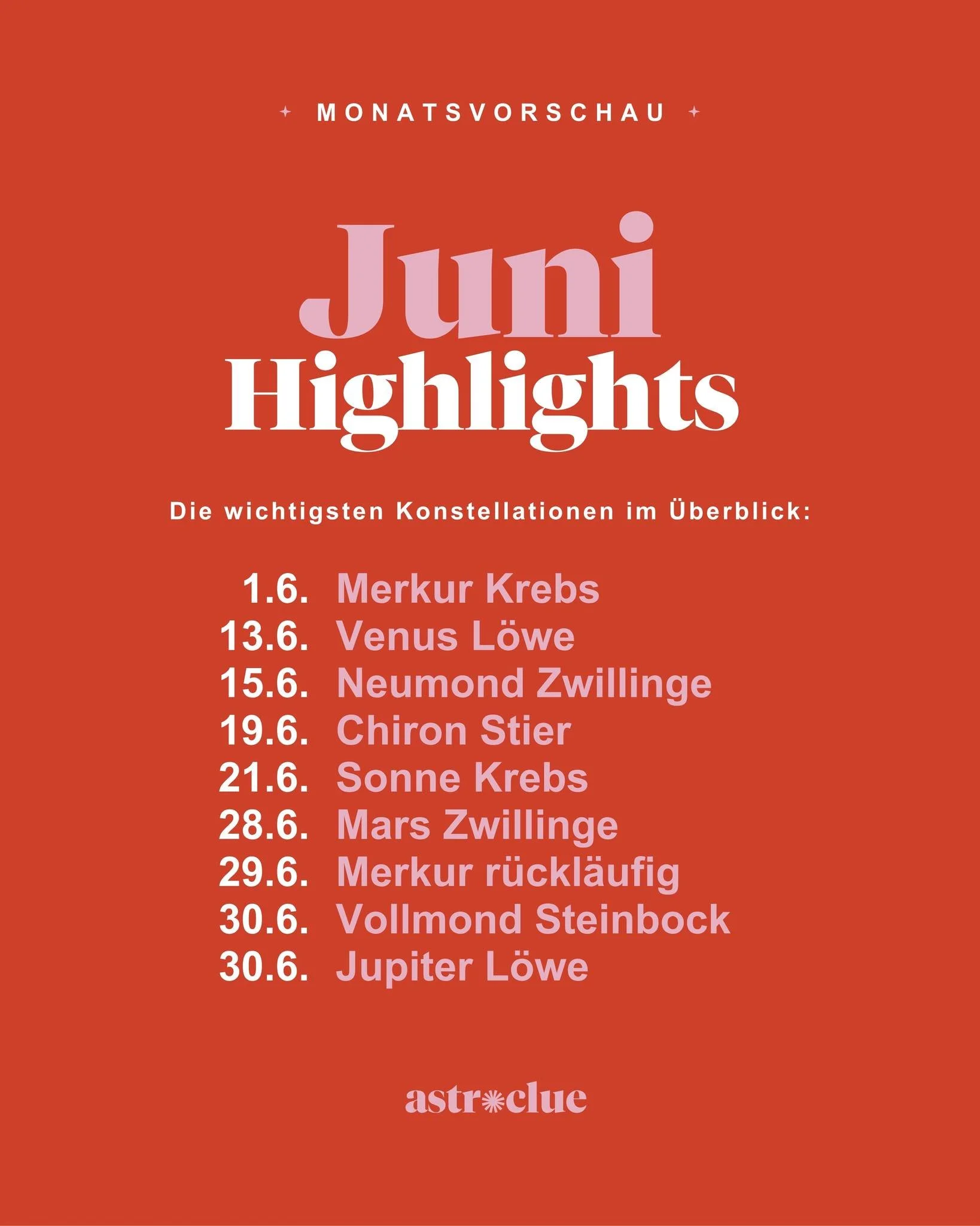 Juni Highlights

Der Juni bringt frische Energie, mutige Entscheidungen und jede Menge Bewegung in unser Leben. 💫

Diese Konstellationen solltest du im Blick behalten:
☿ Merkur in Krebs &ndash; intuitiver denken &amp; f&uuml;hlen
♀ Venus in L&ouml;w