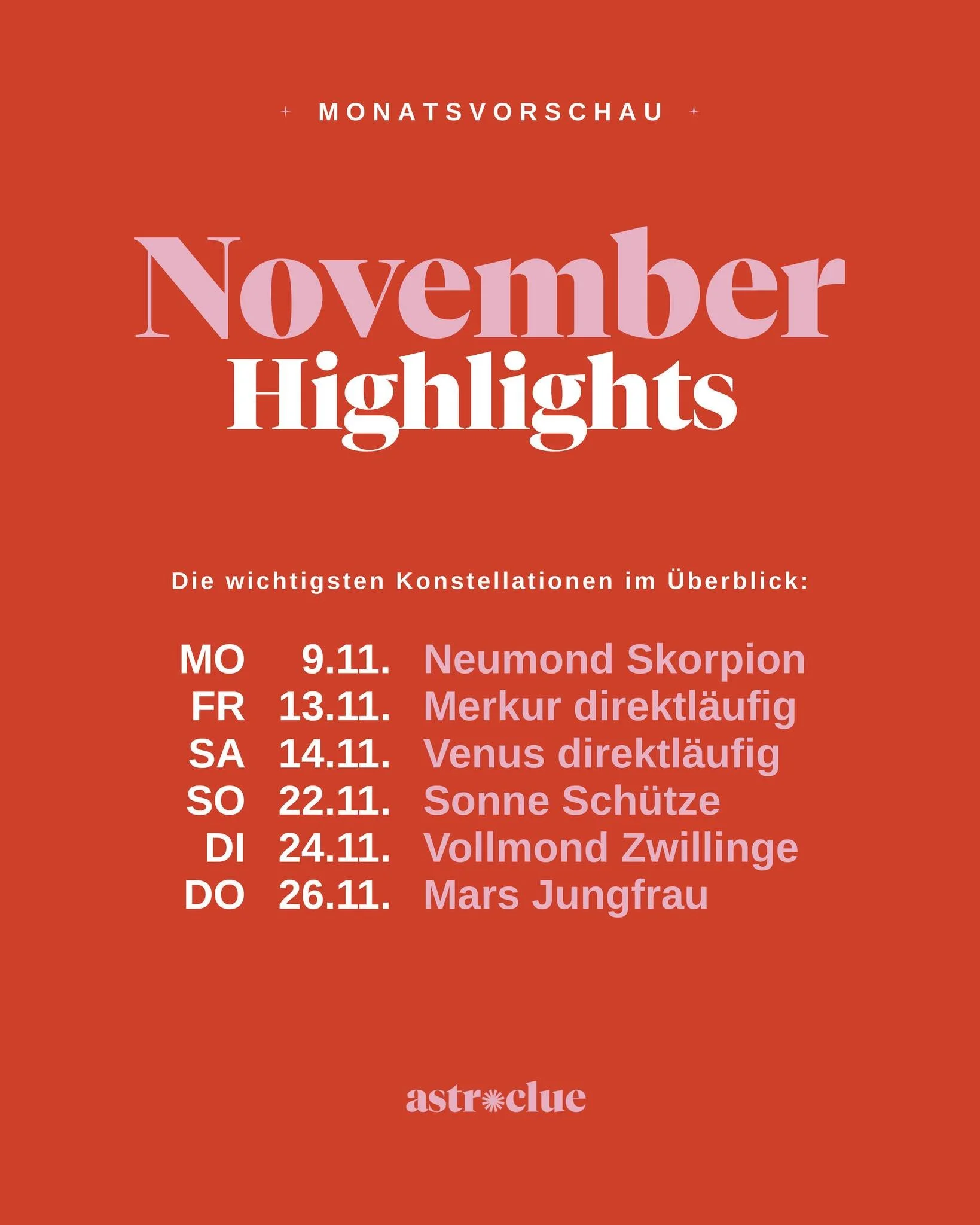 November Highlights

Der November bringt Tiefe, Ehrlichkeit und einen Neuanfang in unser Leben. 💫

Diese Konstellationen solltest du im Blick behalten:
🌑 Neumond in Skorpion &ndash; ehrlich hinschauen &amp; neu beginnen
☿ Merkur wieder direktl&auml