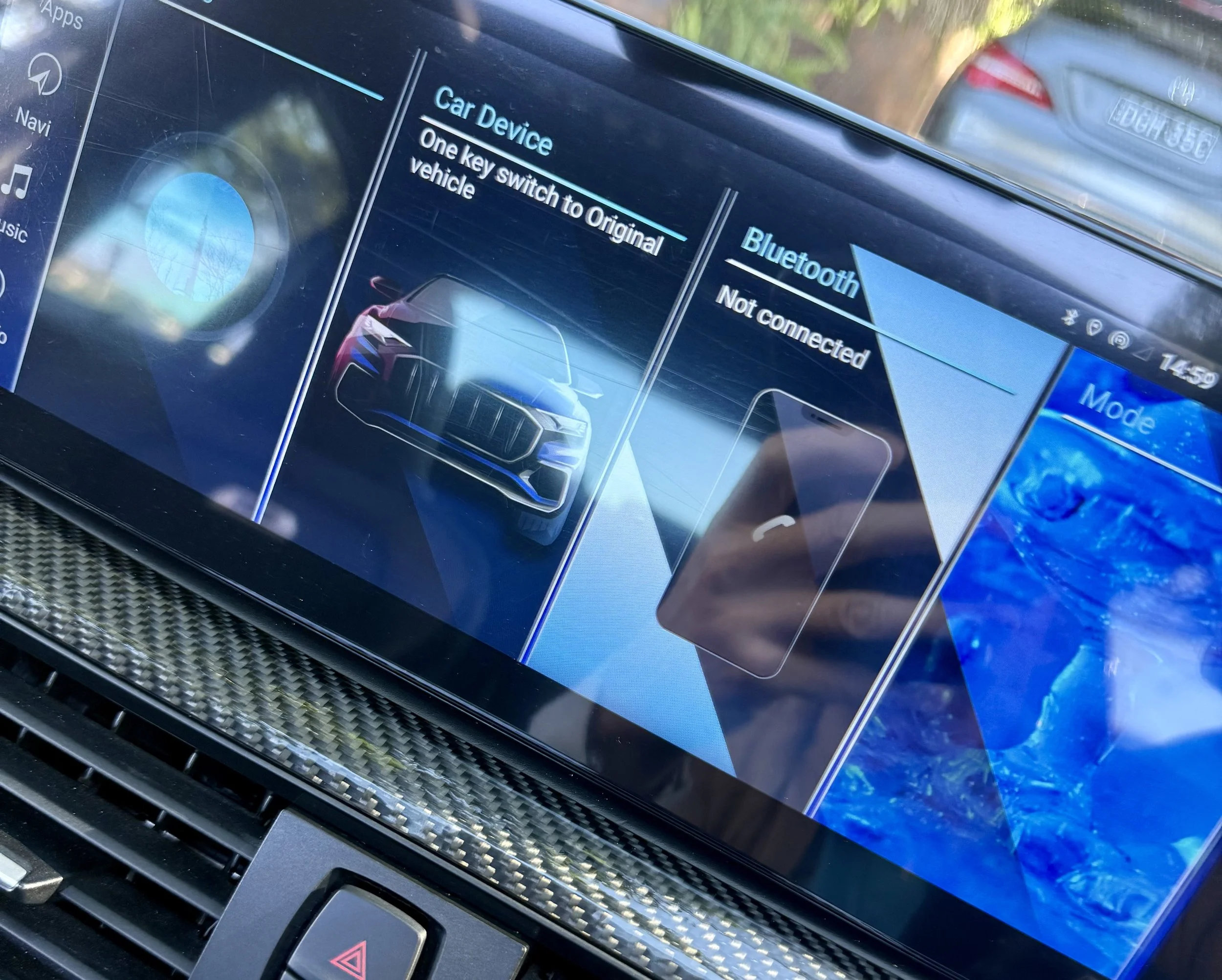 Car dashboard touchscreen displaying vehicle settings and Bluetooth connectivity options.