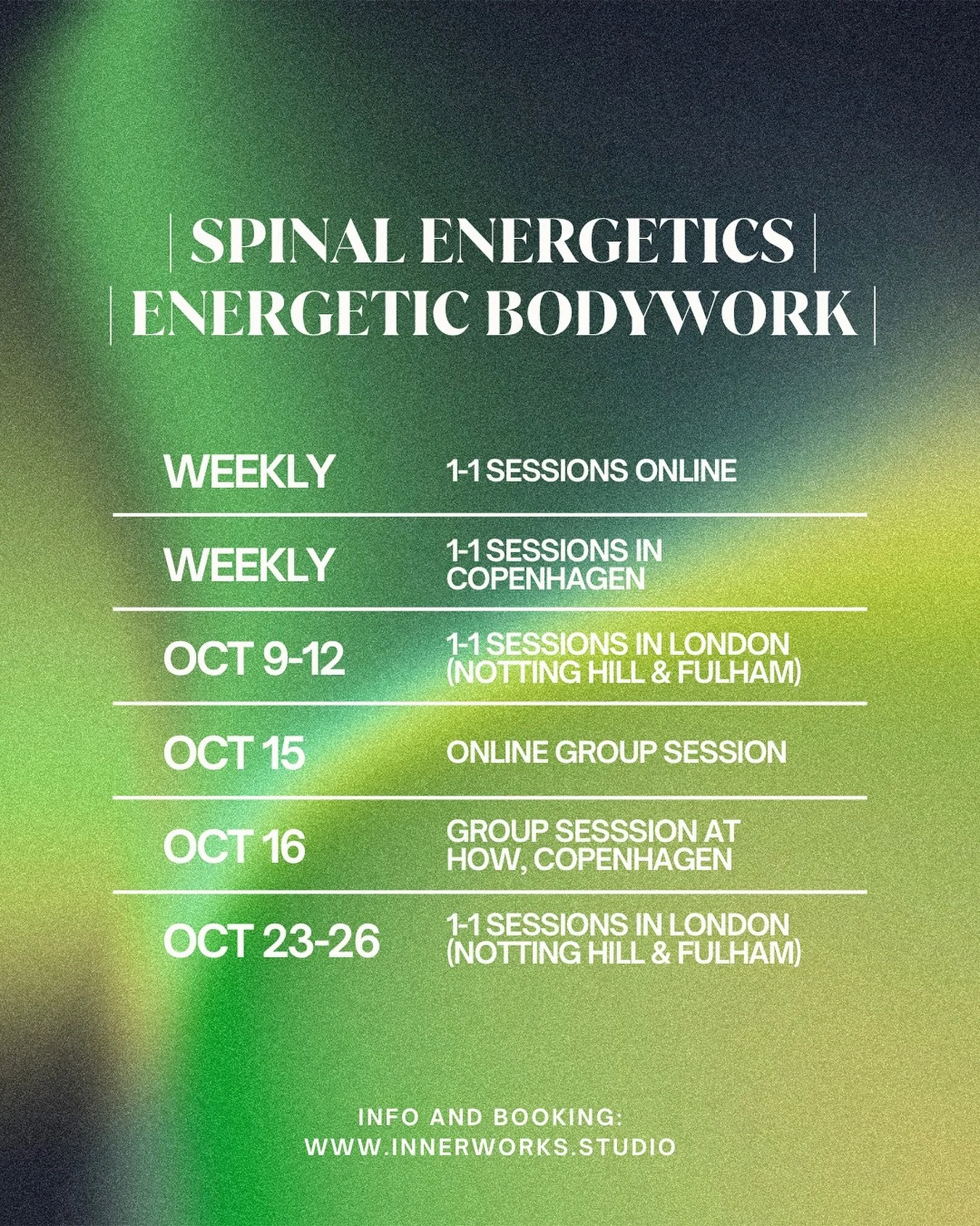 October feels like the perfect time to slow down, tune in and lean into the inner work our souls are calling for 🍁

This month I&rsquo;ll be holding space through Spinal Energetics &amp; Energetic Bodywork - online, in London and in Copenhagen.

Tog